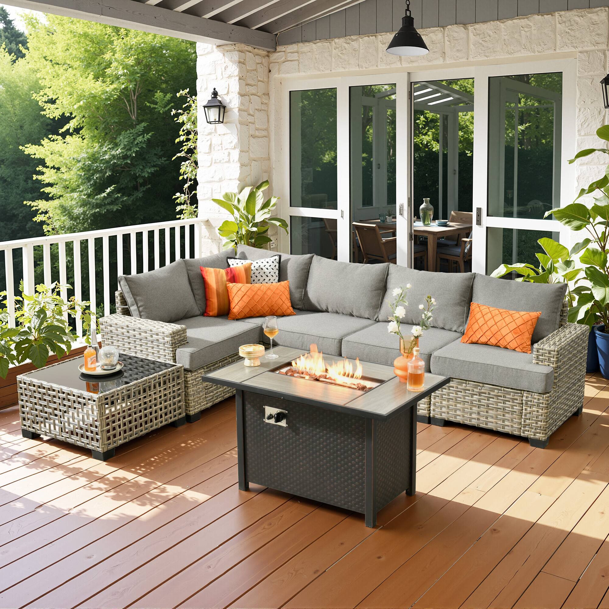 Ovios - 7 PCS Patio Sectional Furniture with 42" Fire Pit Table Rattan Wicker Coversation Couch Set - Dark Gray