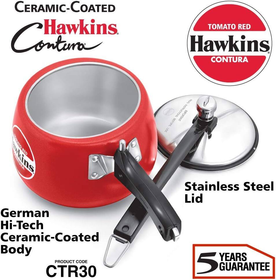 CERAMIC-COATED Hawkins Contura  
TOMATO RED Hawkins CONTURA  
TOMATO RED Hawkins German Hi-Tech Ceramic-Coated Body  
PRODUCT CODE CTR30  
HEAD INSTRUCTIONS IMPORTANT BEFORE USE Stainless Steel Lid  
5 YEARS GUARANTEE