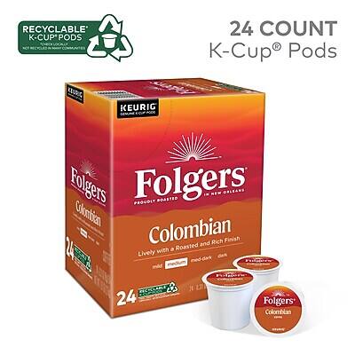 RECYCLABLE K-CUP® PODS  
24 COUNT  
KEURIG® K-Cup® Pods  

Folgers®  
Colombian  
Proudly Roasted  
New Orleans  

24 K-Cup® Pods  

Colombian  
Lively with a Roasted and Rich Finish  
medium-dark  

Folgers®  
Colombian