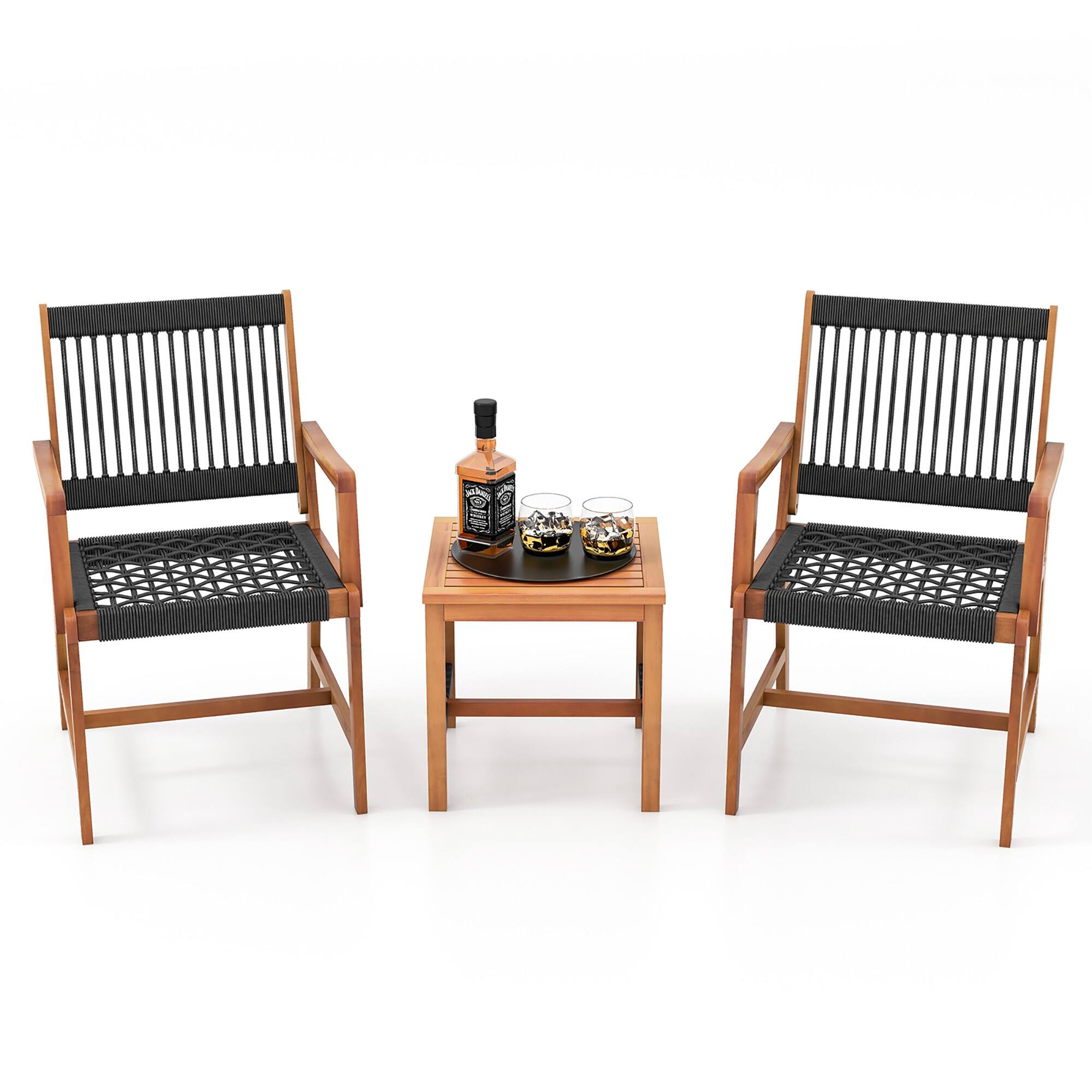 Front. Gymax - Gymax 3 PCS Solid Acacia Wood Patio Set All-Weather Rope Woven Chair Garden Poolside - Black and Natural.