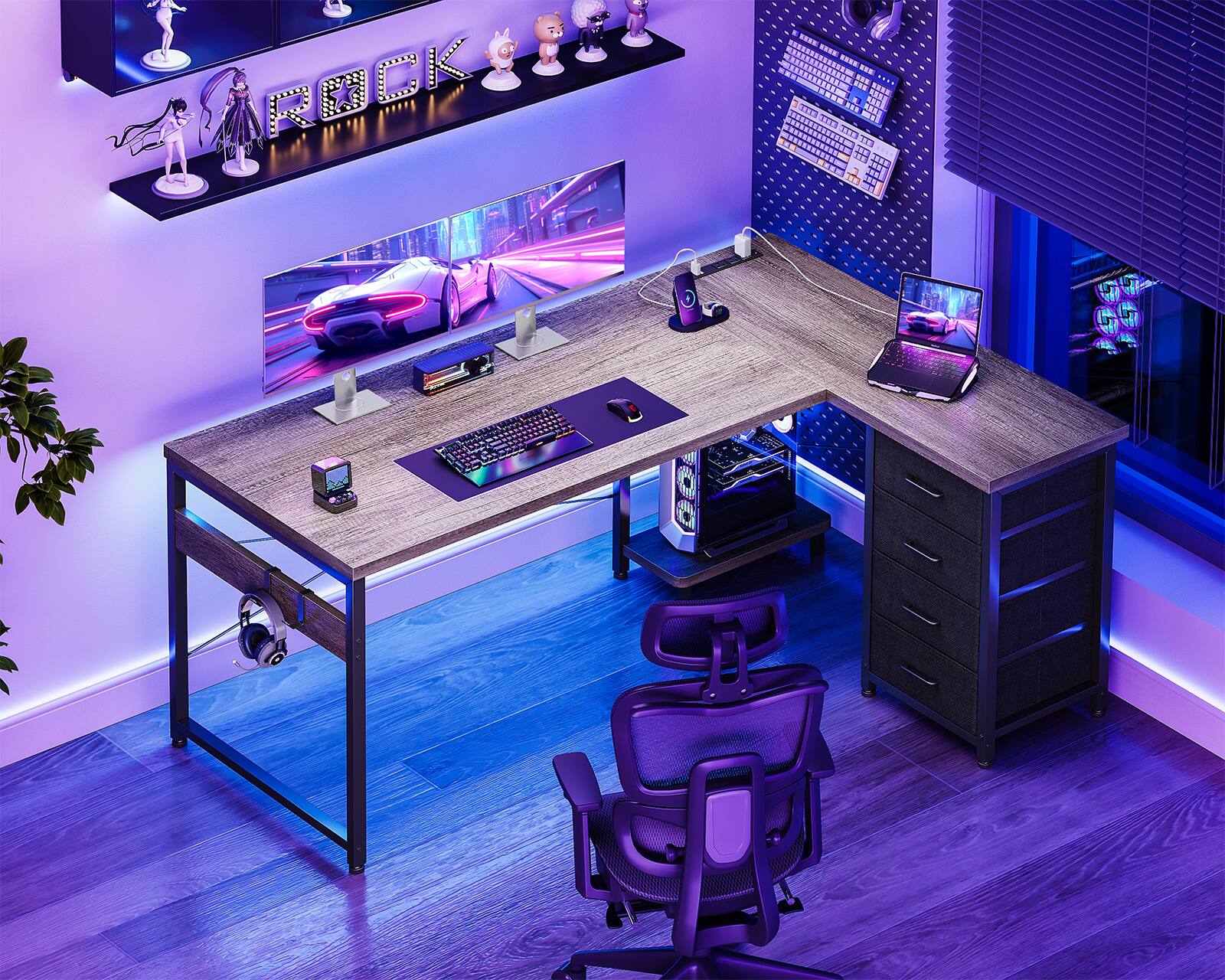 Alt View 1. AODK - Reversible L-Shaped Desk with 4-Tier Drawers, Power Outlets, USB Charging Port and Host Stand - Grey Oak.