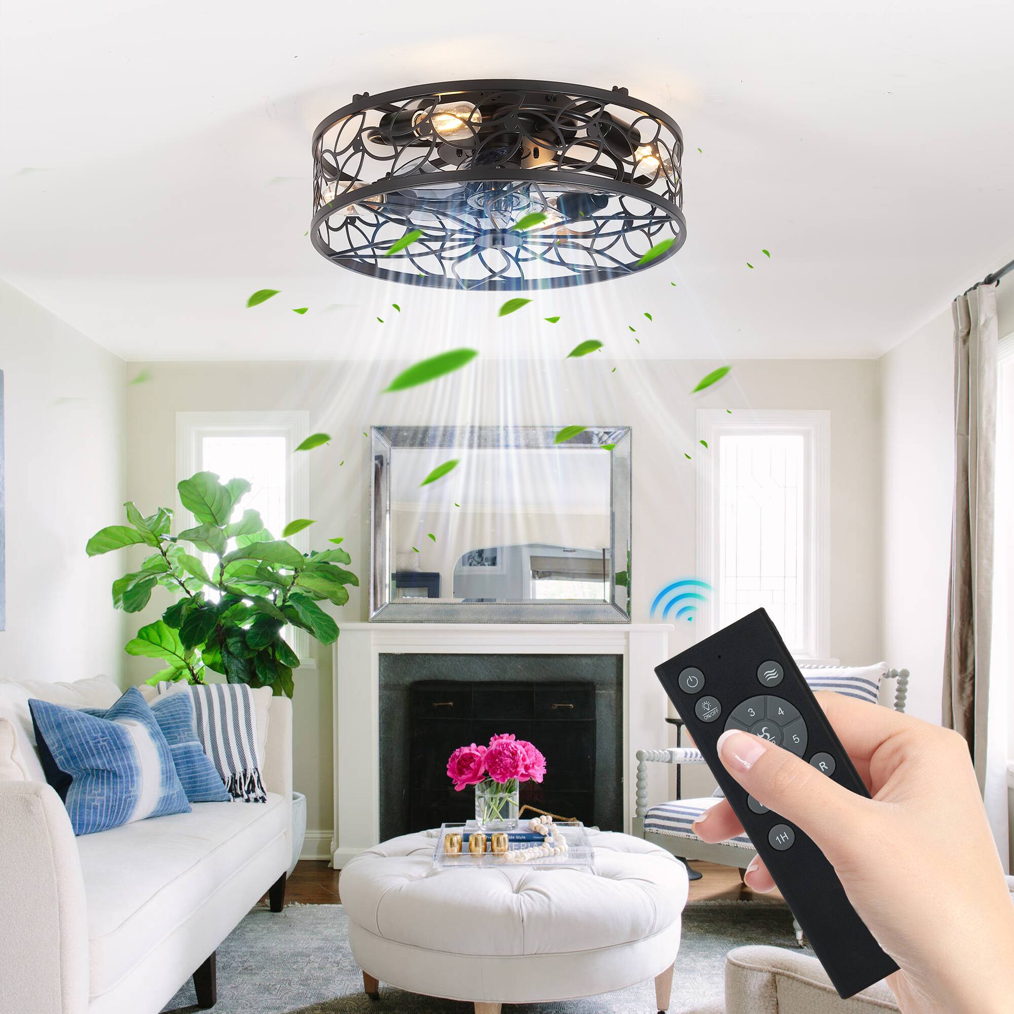 Back. TinyHomie - 18 inch Black Vintage Caged Ceiling Fan Light Quiet Operation Remote Control Industrial Style.