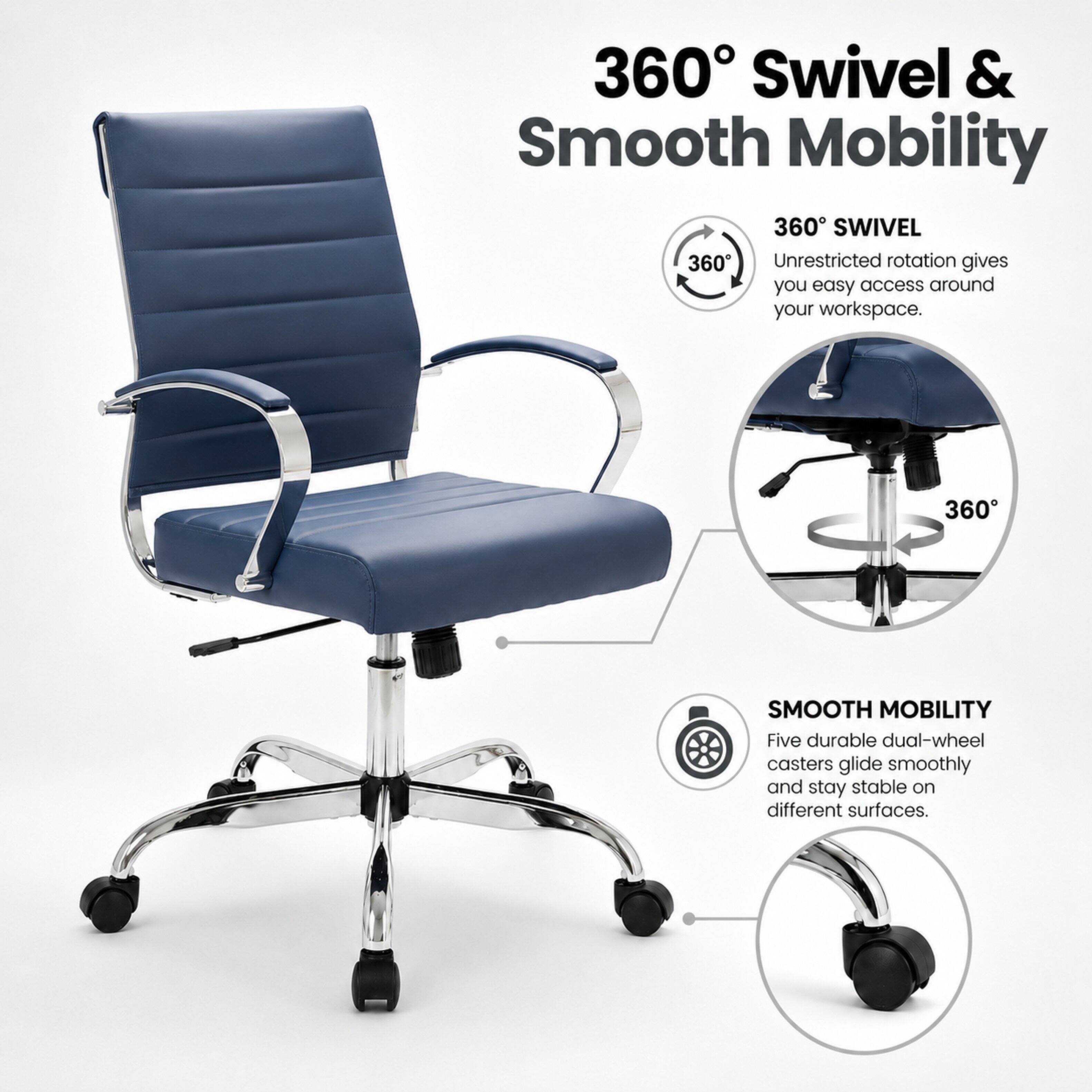360° Swivel & Smooth Mobility

360° SWIVEL
Unrestricted rotation gives you easy access around your workspace.

SMOOTH MOBILITY
Five durable dual-wheel casters glide smoothly and stay stable on different surfaces.
