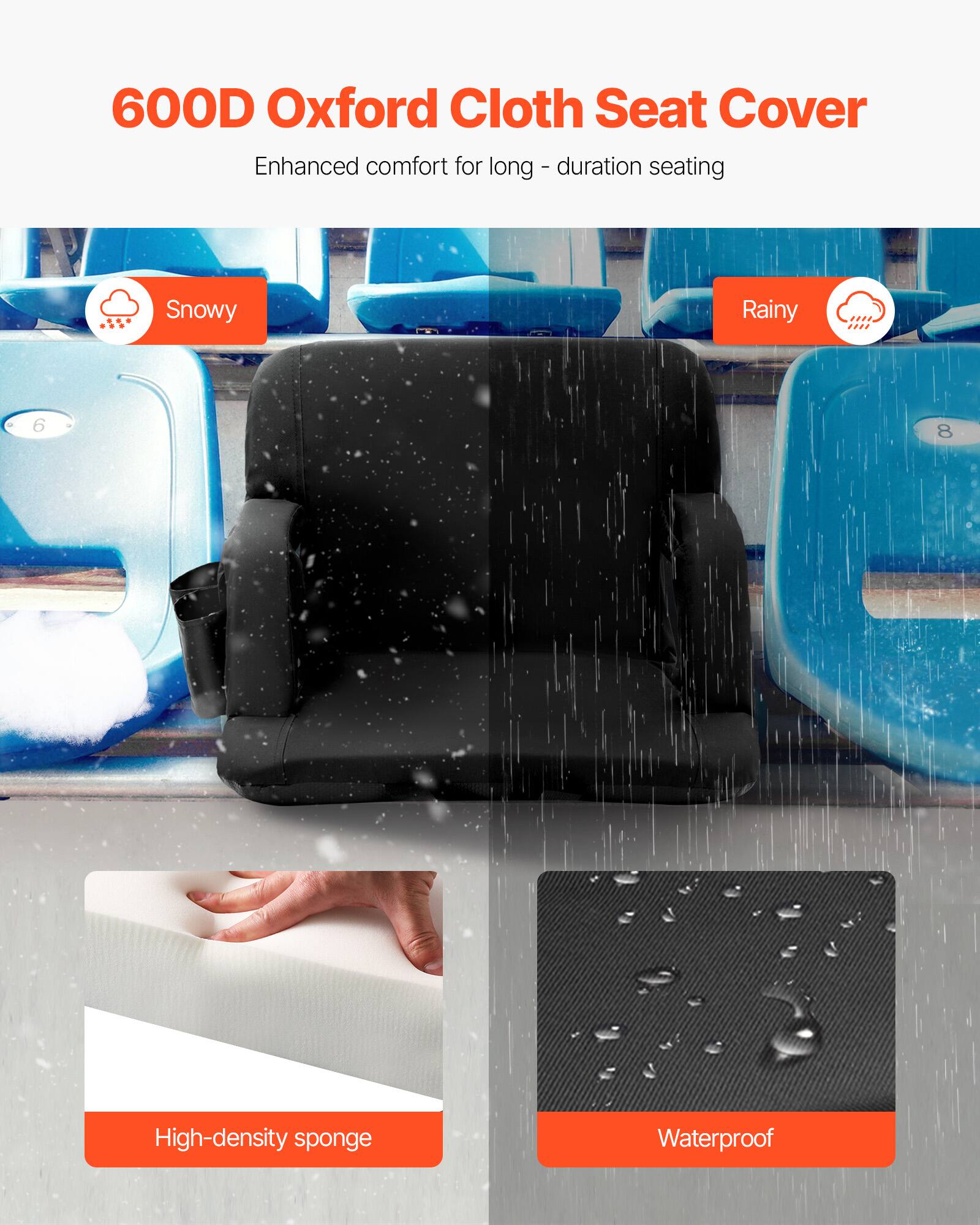 600D Oxford Cloth Seat Cover  
Enhanced comfort for long-duration seating  

Snowy  
Rainy  

High-density sponge  
Waterproof