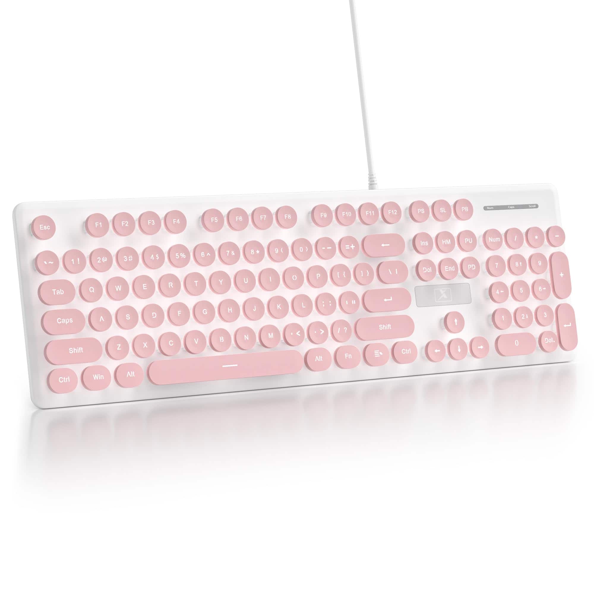 Pacoar Cade - Quiet Wired Membrane Full Size 104 Keys Typewriter Key Board With Number Pad White Led Backlit Round Keycaps Cute - Pink