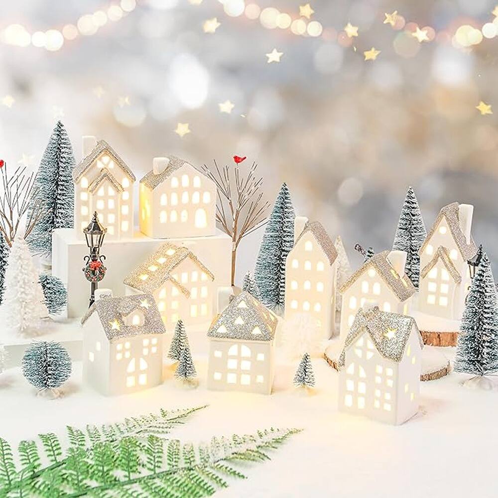 Front. Schertz - 29-Piece Ceramic Christmas Village Set – White Porcelain Houses with Tea Light Pine Trees and Street Lamps for Mantel an - white.