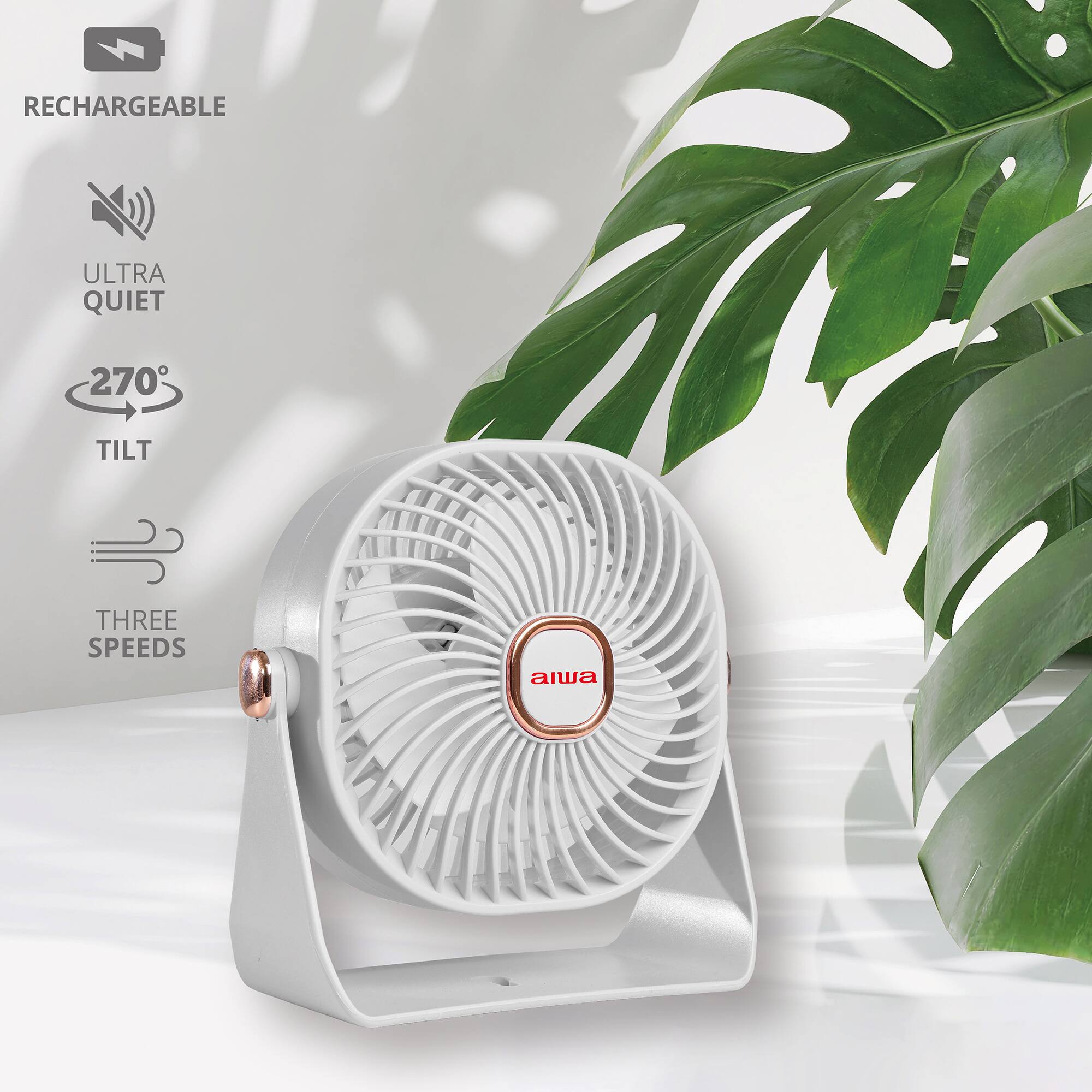 RECHARGEABLE  
ULTRA QUIET  
270° TILT  
THREE SPEEDS  
aiwa