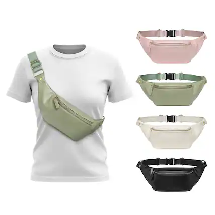 Front. Unique Bargains - Soft Faux Leather Fanny Pack Crossbody Waist Pack with Adjustable Strap Large Pocket Sturdy Zippers for Travel Hiking - Standard Green.