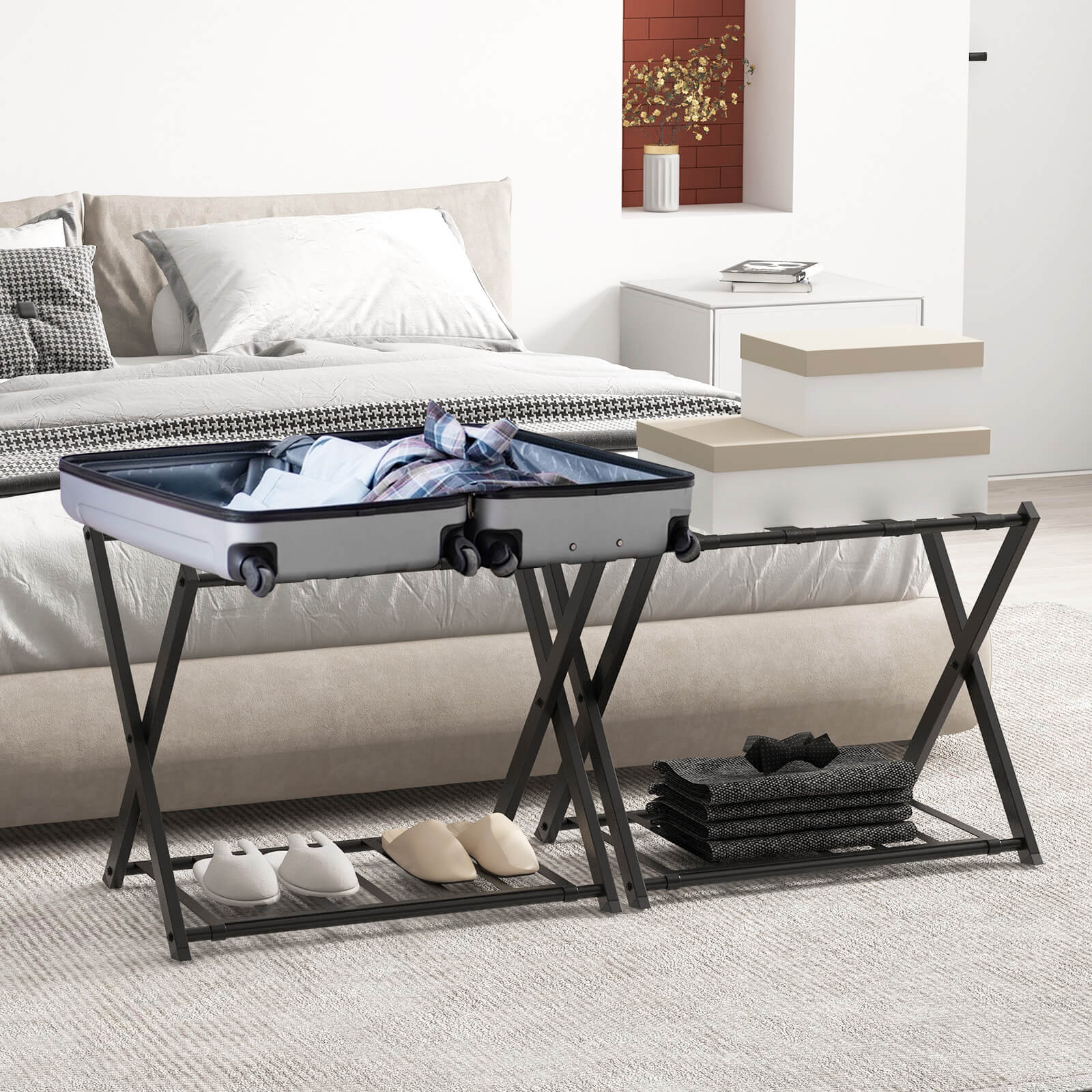 Alt View 3. Costway - Costway Set of 2 Folding Metal Luggage Rack Suitcase Shoe Holder Hotel Guestroom w/Shelf - Black.