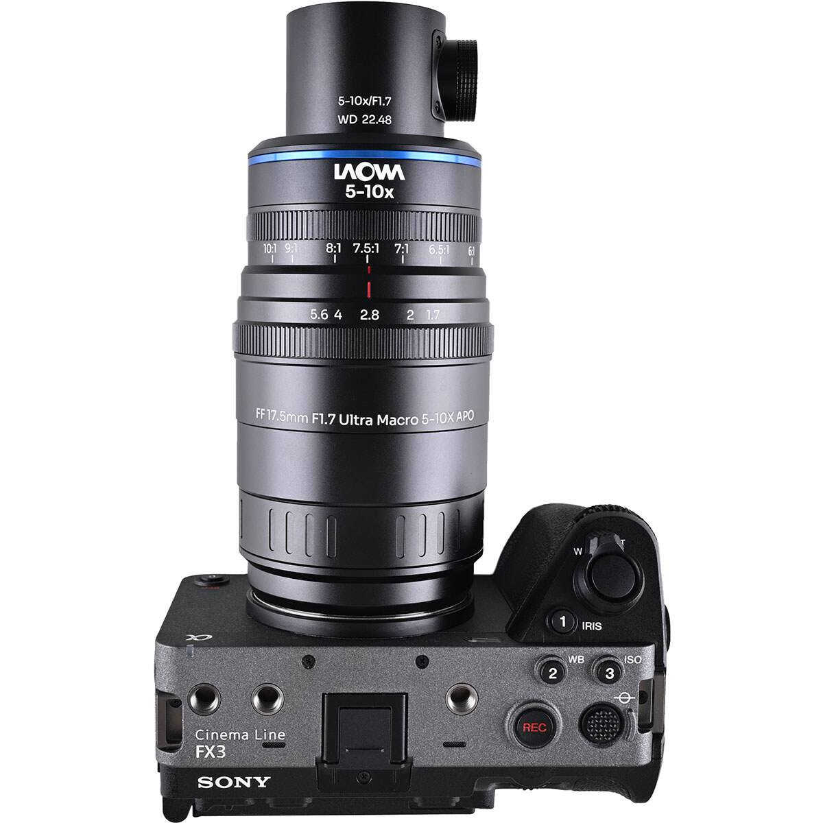 5-10x/Fl.7 WD 22.48  
MOVI 5-10x  
10:1 9:1 | 8:1 7.5:1 | 7:1 | 6.5:1 | 5.6 4 2.8 2 1.7  
FF 5mm F1.7 Ultra Macro 5-10XAPO  
W  
1 IRIS  
2 WB  
3 ISO  
FOR Cinema Line FX3  
REC  
SONY
