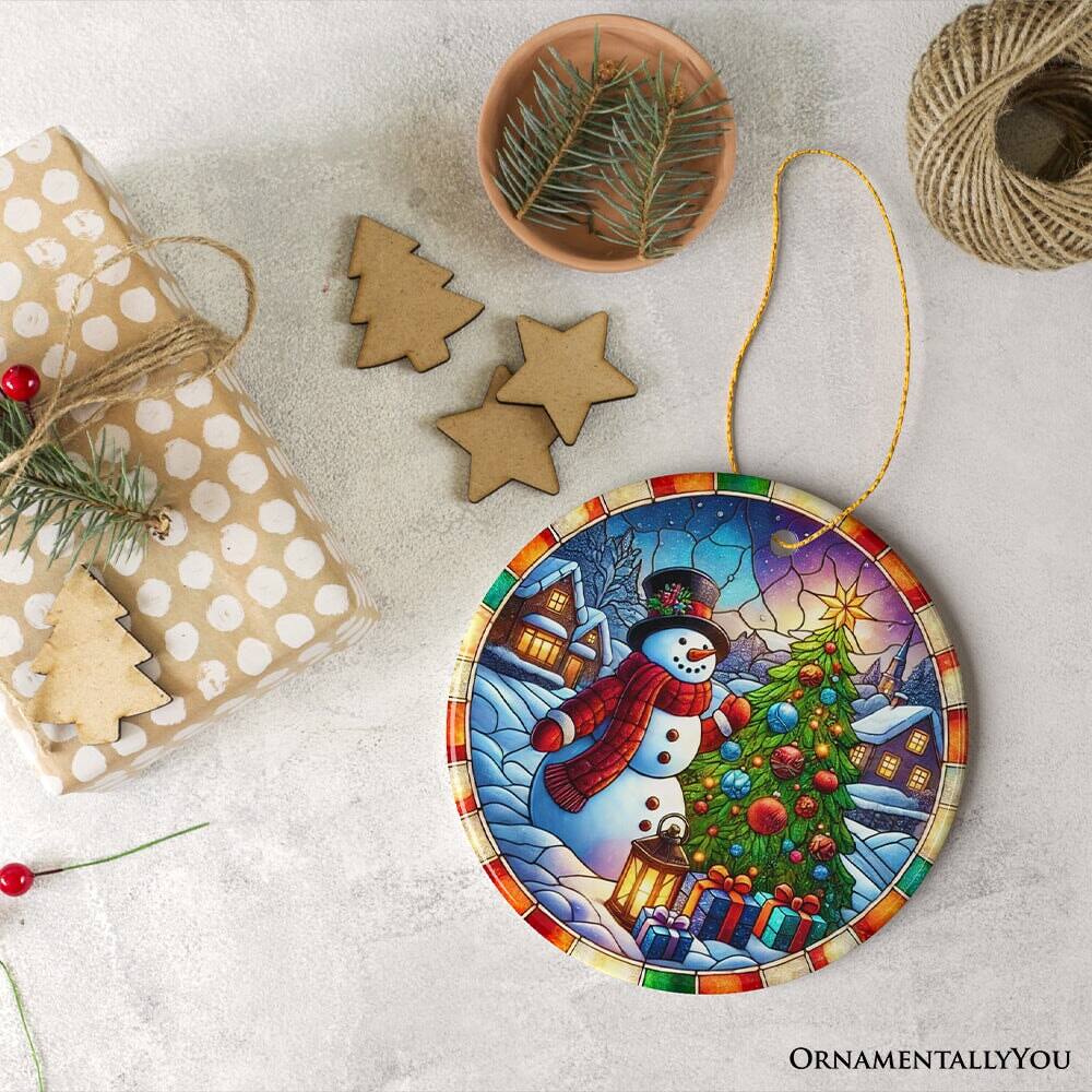 Back. OrnamentallyYou - Winter Festivity Top Hat Snowman Ornament Radiant Tree with Holiday Spirit Gift Version 1 - Multi-colored.