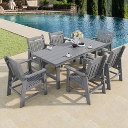 Fortune Candy - Modern HDPE Patio Dining Set, 7-Piece Poly Lumber Table & Chairs with Umbrella Hole, Weather-Resistant for Yard & Lawn - Gray