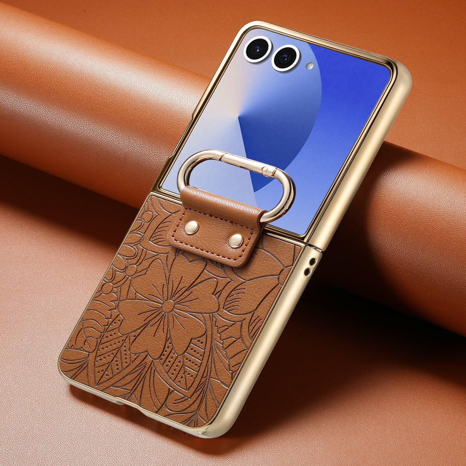 Alt View 4. Dteck - Shockproof Floral Leather Texture Case for Samsung Galaxy Z Flip8, Electroplated Rigid Plastic Cover with Ring Holder - Brown.