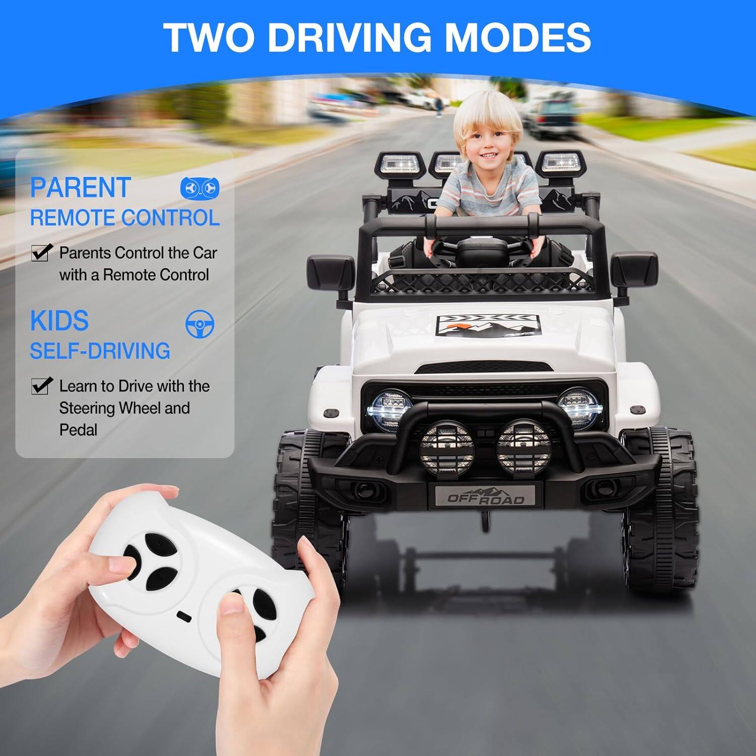 TWO DRIVING MODES

PARENT REMOTE CONTROL
- Parents Control the Car with a Remote Control

KIDS SELF-DRIVING
- Learn to Drive with the Steering Wheel and Pedal