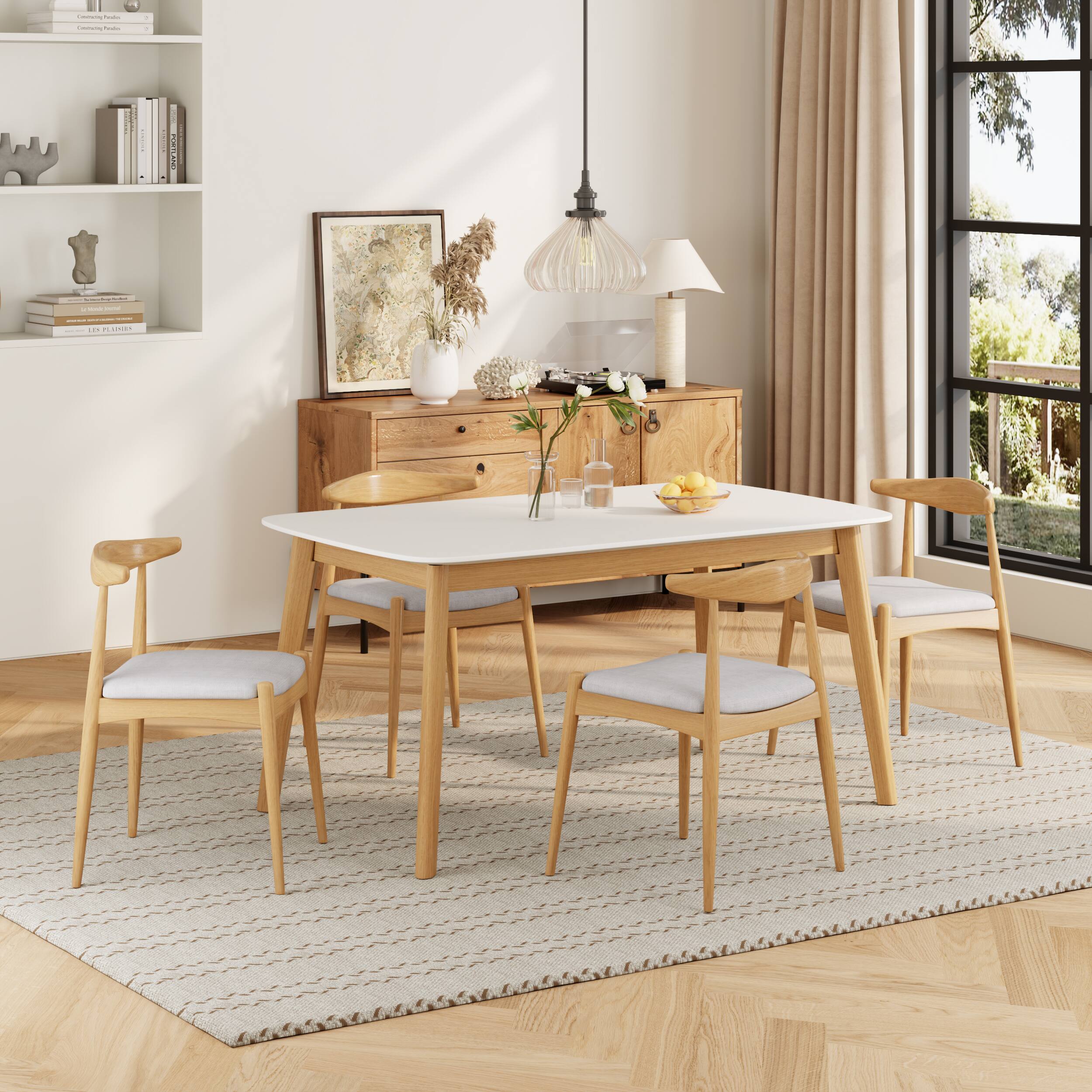 Left. TinyHomie - 5-Piece Mid-Century Modern Dining Set - Solid Wood Frame Table and 4 Beige Upholstered Chairs - Beige and White and Oak.