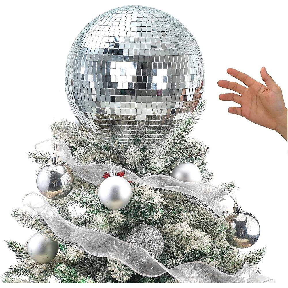 Front. PARKER SLATER - 6" Disco Ball Tree Topper – Silver Mirror, 3D Hollow, 70s Party Decor - Silver.