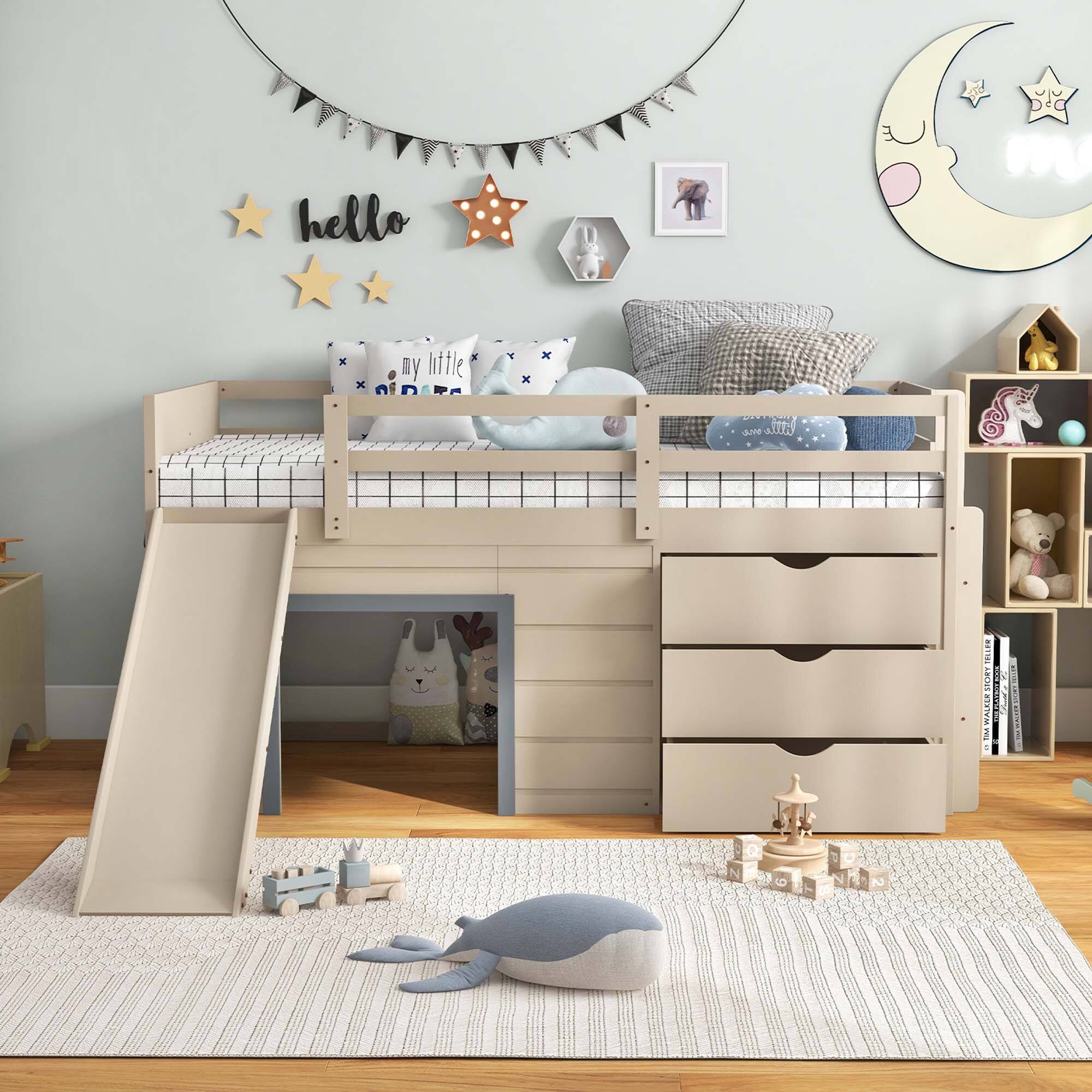 Alt View 3. Costway - Costway Twin Low Loft bed with Slide Ladder Storage Drawers Play Game Space Wooden - Beige,Gray.