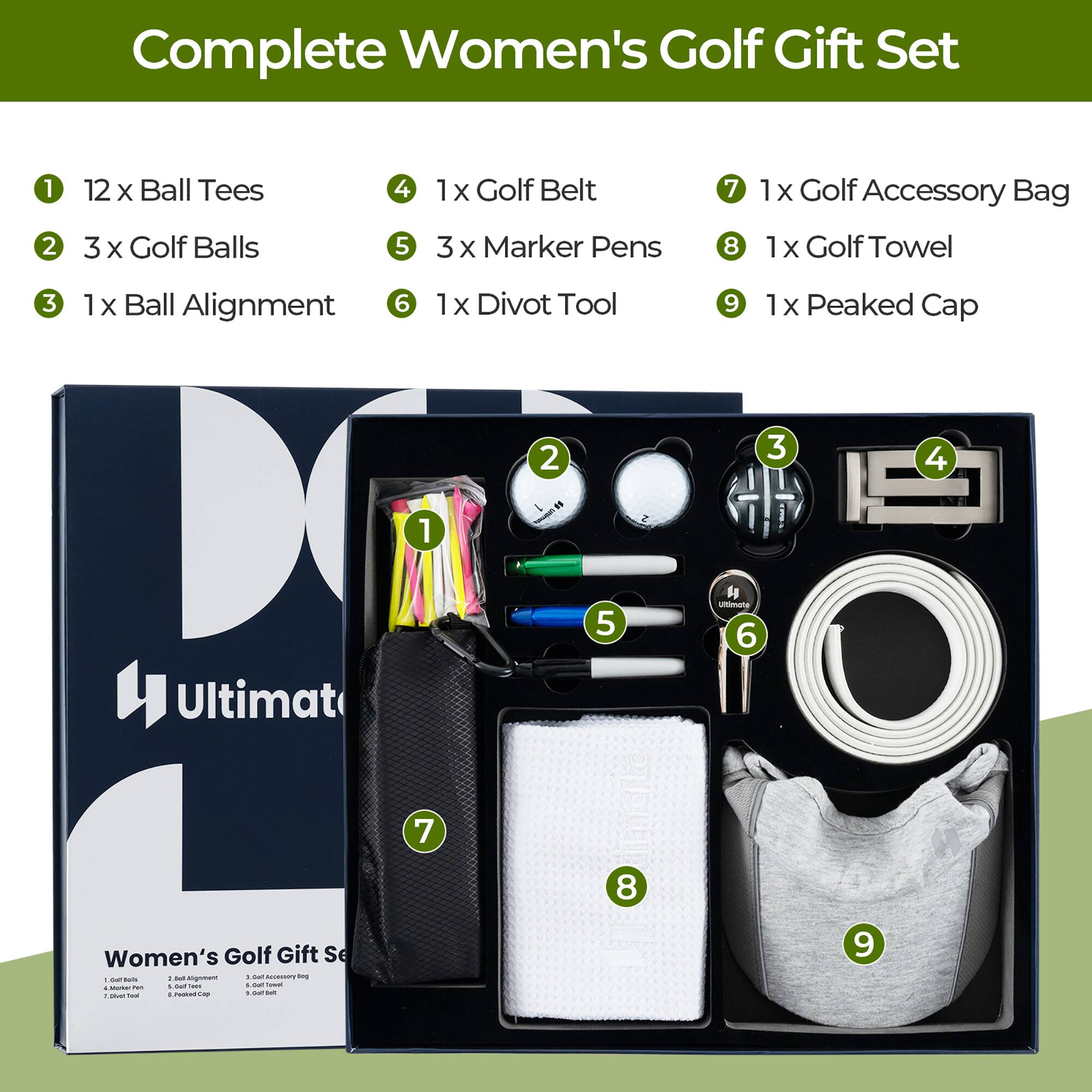 Complete Women's Golf Gift Set

1. 12 x Ball Tees
2. 3 x Golf Balls
3. 1 x Ball Alignment
4. 1 x Golf Belt
5. 3 x Marker Pens
6. 1 x Divot Tool
7. 1 x Golf Accessory Bag
8. 1 x Golf Towel
9. 1 x Peaked Cap

Ultimate Women's Golf Gift Set
