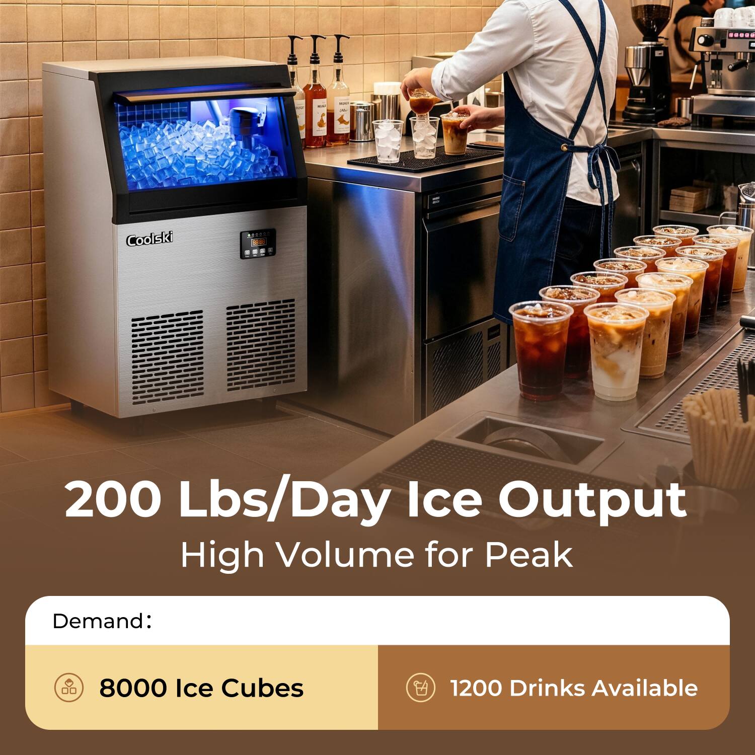 Coolski Commercial Ice Maker Machine, 200lbs/24H with 35lbs Ice
