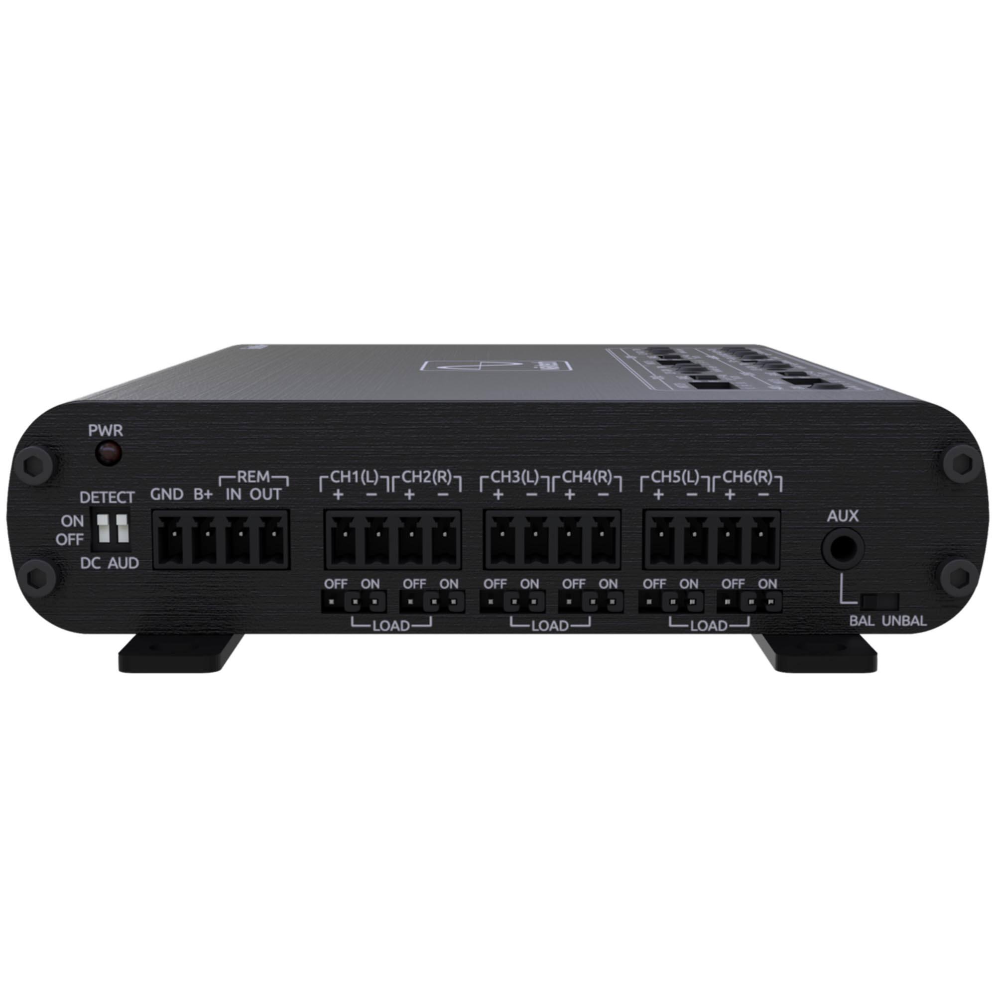 PWR DETECT GND B+ ON OFF DC AUD REM IN OUT CH1 (L) + - OFF ON CH2 (R) + - OFF ON CH3 (L) CH4 (R) + - OFF ON CH5 (L) CH6 (R) + - OFF ON AUX LOAD LOAD LOAD BAL UNBAL