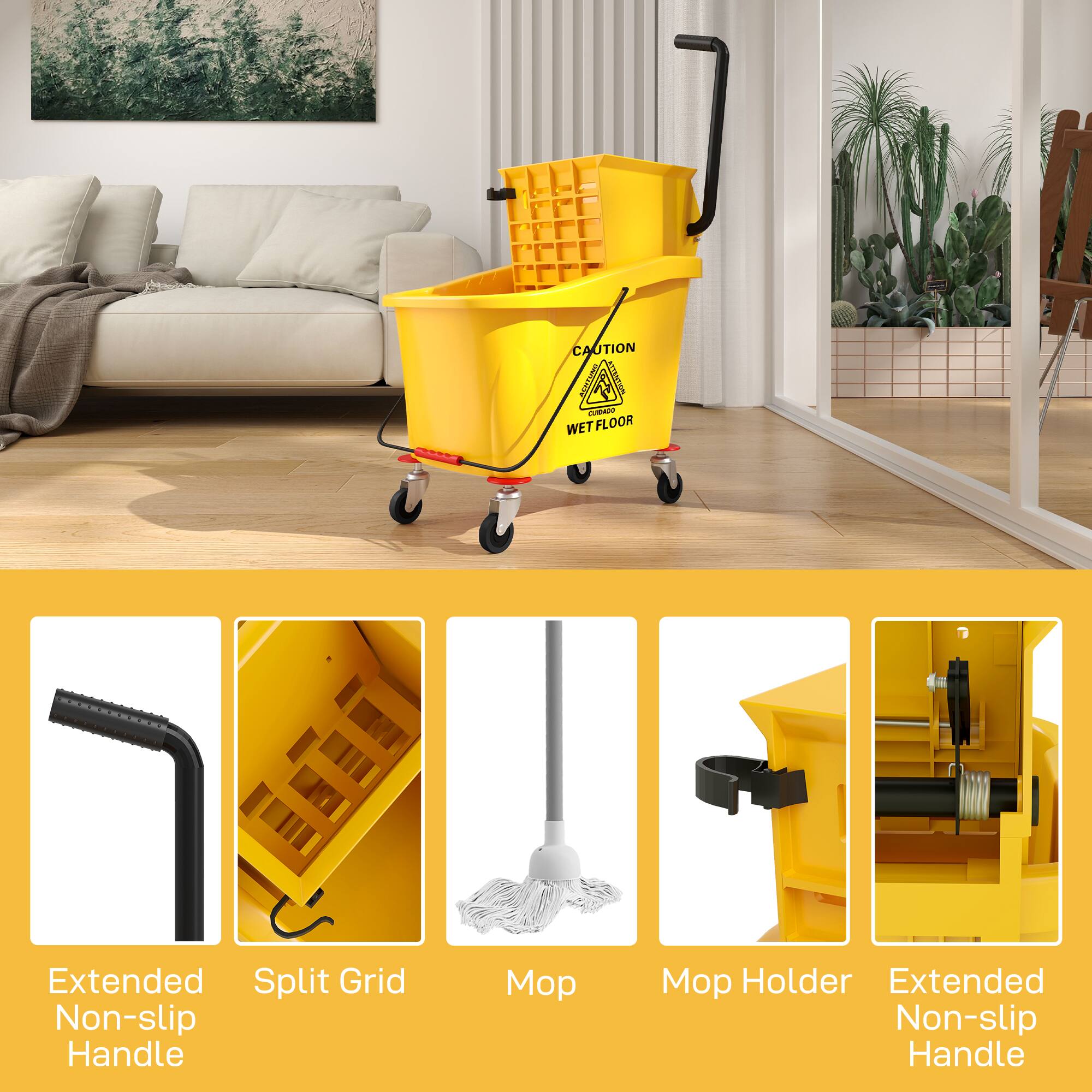 CAUTION WET FLOOR, Extended Non-slip Handle, Split Grid, Mop, Mop Holder, Extended Non-slip Handle