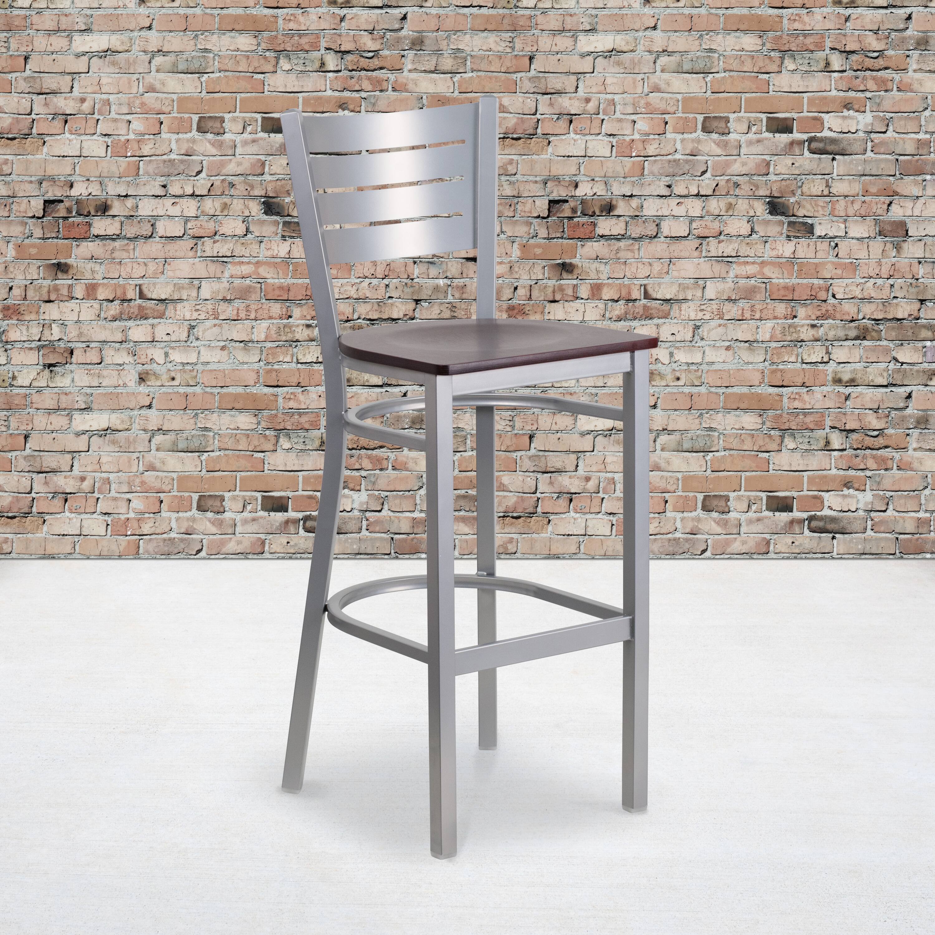Alt View 1. Emma + Oliver - Silver Slat Back Metal Restaurant Dining Barstool - Mahogany Wood Seat/Silver Frame.