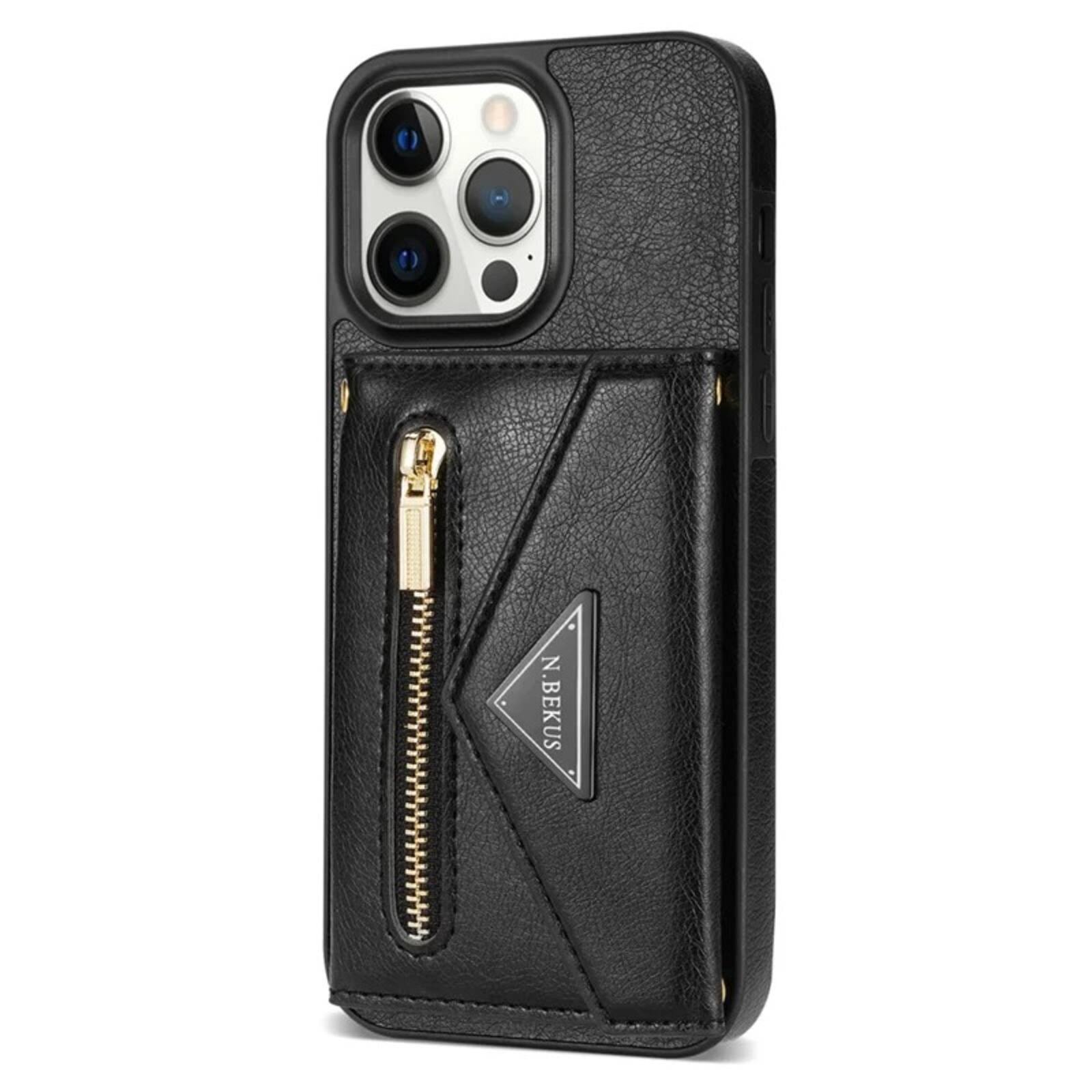 Angle. UUCOVER - Wallet Case for Apple iPhone 16 Pro Max with Card Slots Holder, Zipper Pocket and Shoulder Strap, Flip Kickstand Cover - Black.