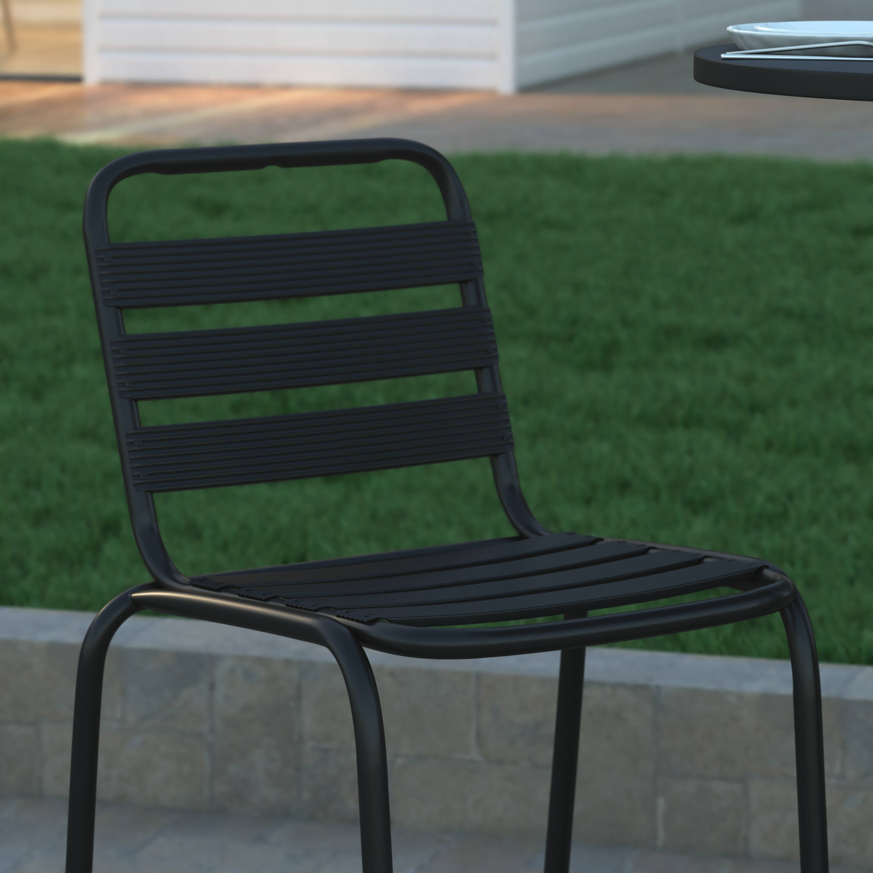 Alt View 5. Emma + Oliver - Jens Metal Dining Stool with Triple Slatted Back for Indoor and Outdoor Use - Black.
