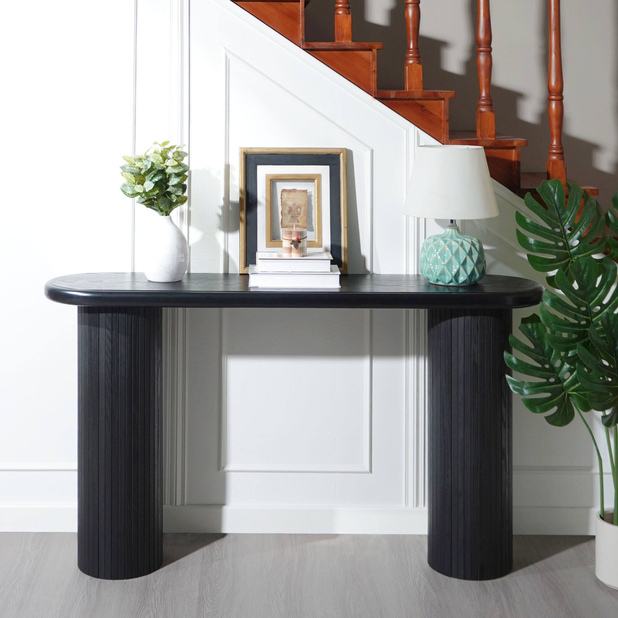 Back. GOODSILO - Modern Fluted Console Table with Sleek Half-Moon Design and Ribbed Detailing for Living Room Entryway - Black.