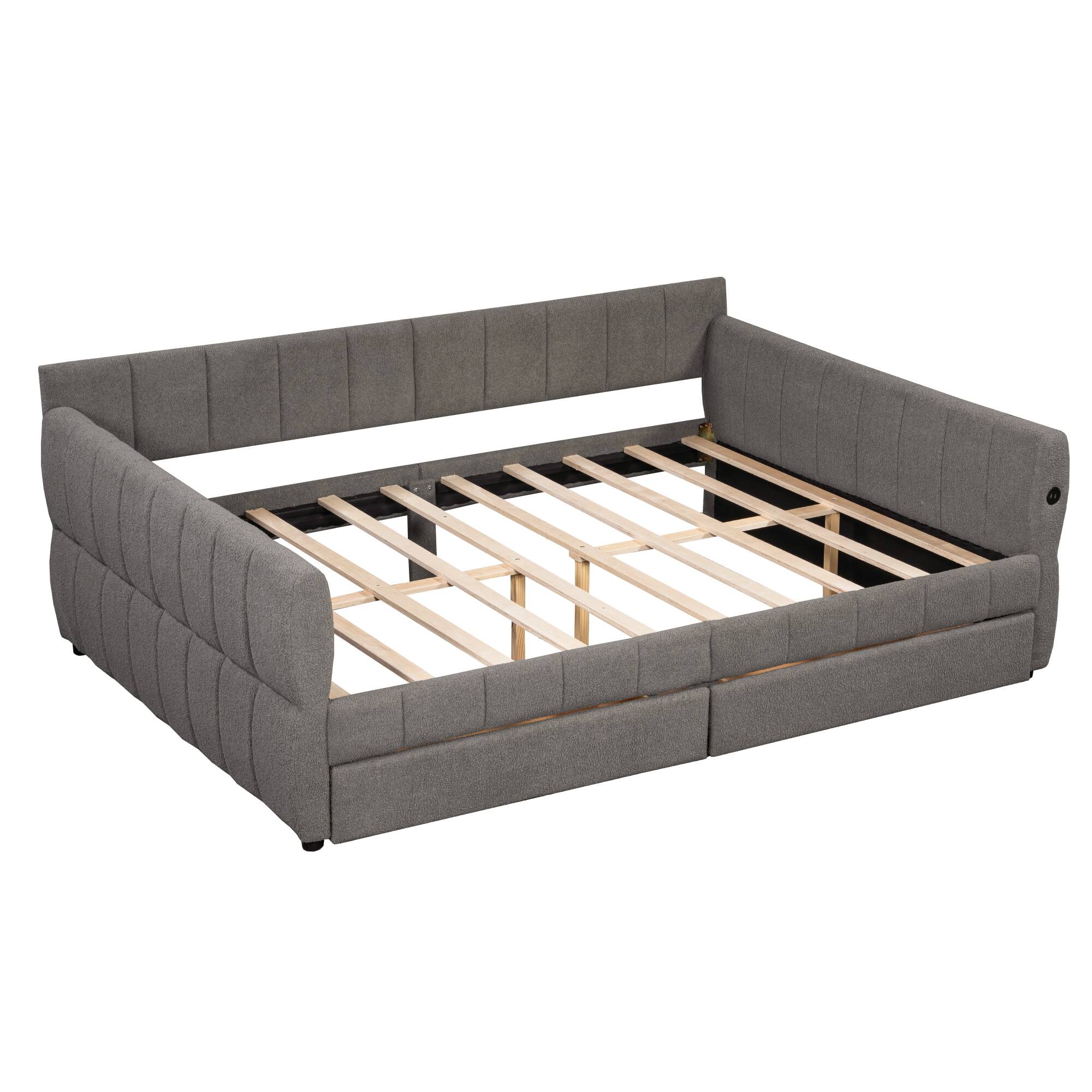 Left. Whisen - Queen Size Upholstered Platform Bed Frame with Built-in USB Ports and 2 Storage Drawers for Bedroom - Gray.