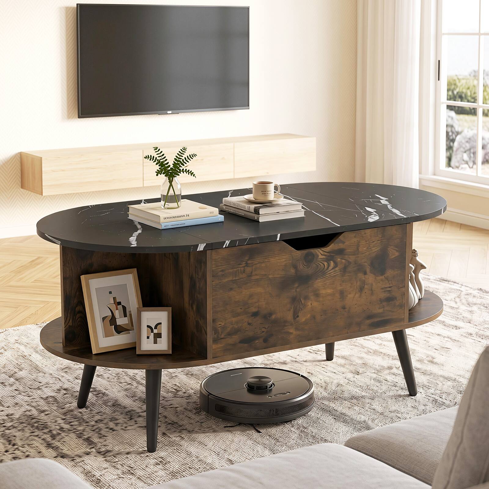 Alt View 4. Costway - Costway Faux Marble Lift Top Coffee Table with Hidden Compartment, Shelves for Living Room - Black & Rustic Brown.
