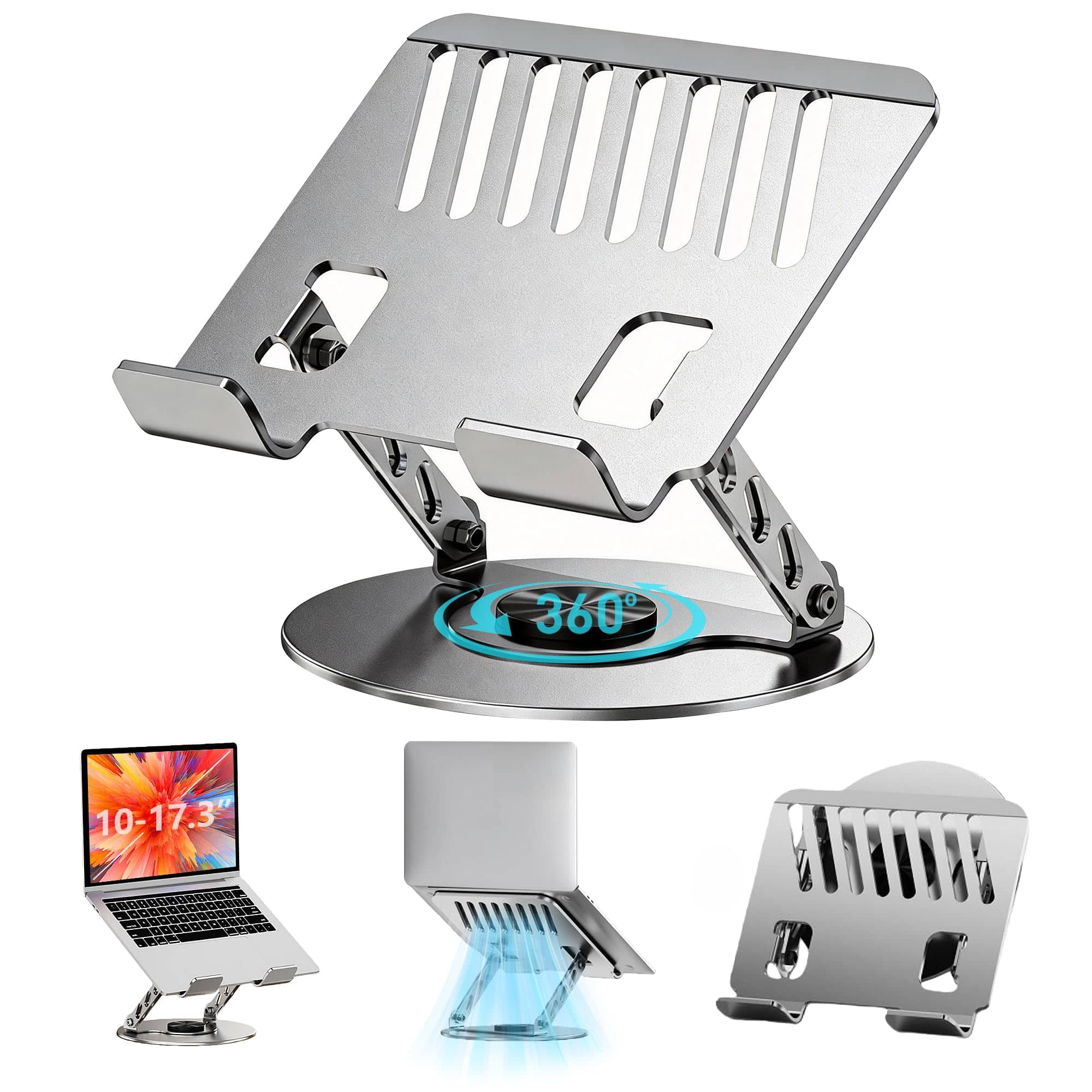 HongFei - Laptop Stand for Desk - All-Metal Ergonomic Computer Stand & Laptop Riser, 360° Rotatable & Adjustable, Gray - Diagonal Hollow Design - Gray