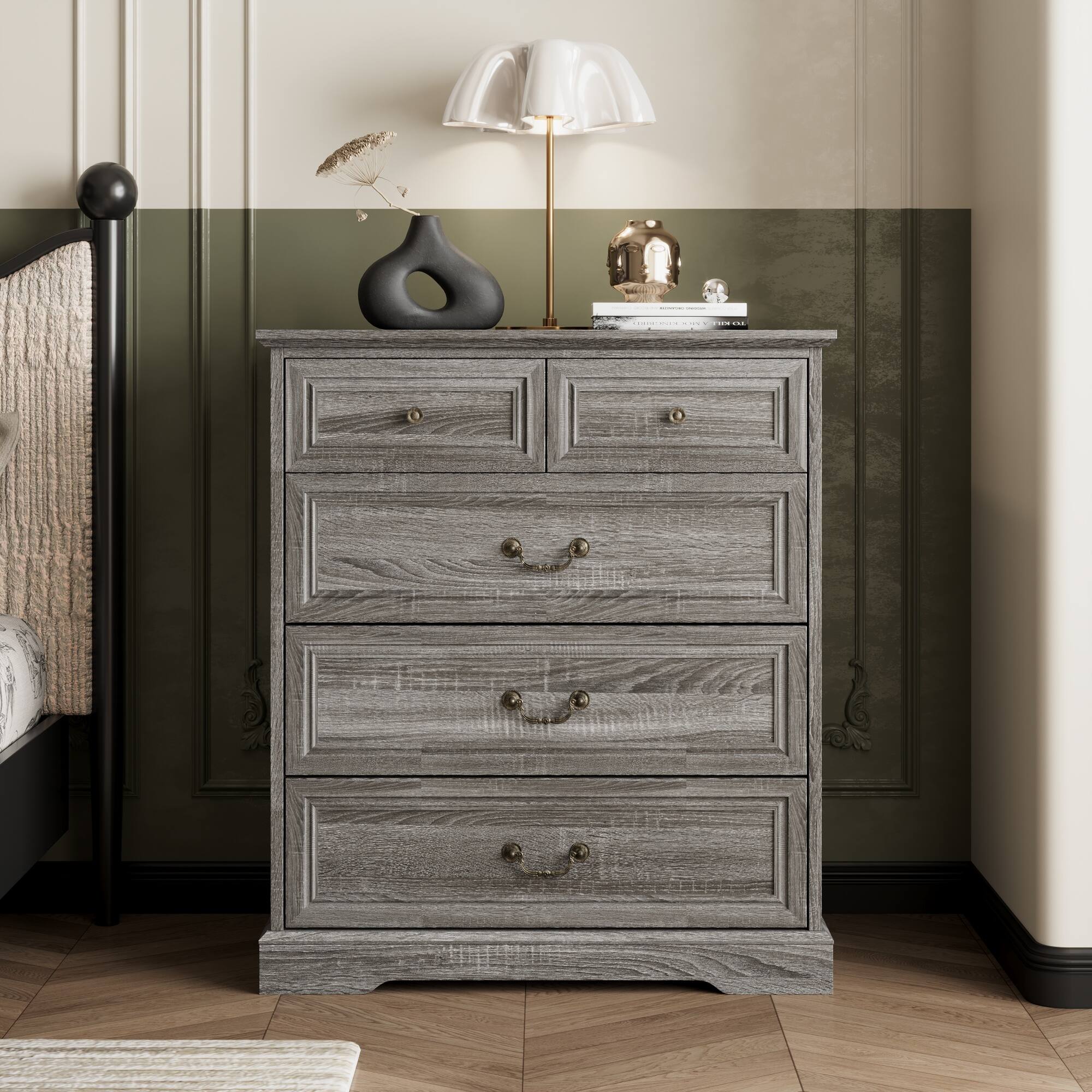 Left. FUFU & GAGA - Vintage 5-Drawer Dresser Chest - Distressed Finish Bedroom Storage Organizer with Bronze Hardware for Clothes, Linens - Distressed gray.