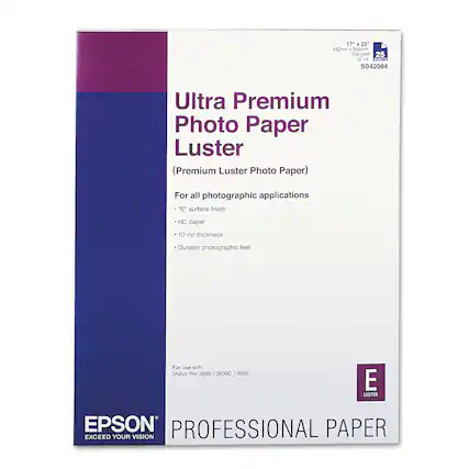 17 x 22" 432mm x 559mm 250g/m² 10 mil S042084 Ultra Premium Photo Paper Luster (Premium Luster Photo Paper) For all photographic applications "E" surface finish RC paper 10 mil thickness Durable photographic feel For use with Stylus Pro 3800/3800C/3850 3800 3800C 3850 E LUSTER EPSON PROFESSIONAL PAPER EXCEED YOUR VISION