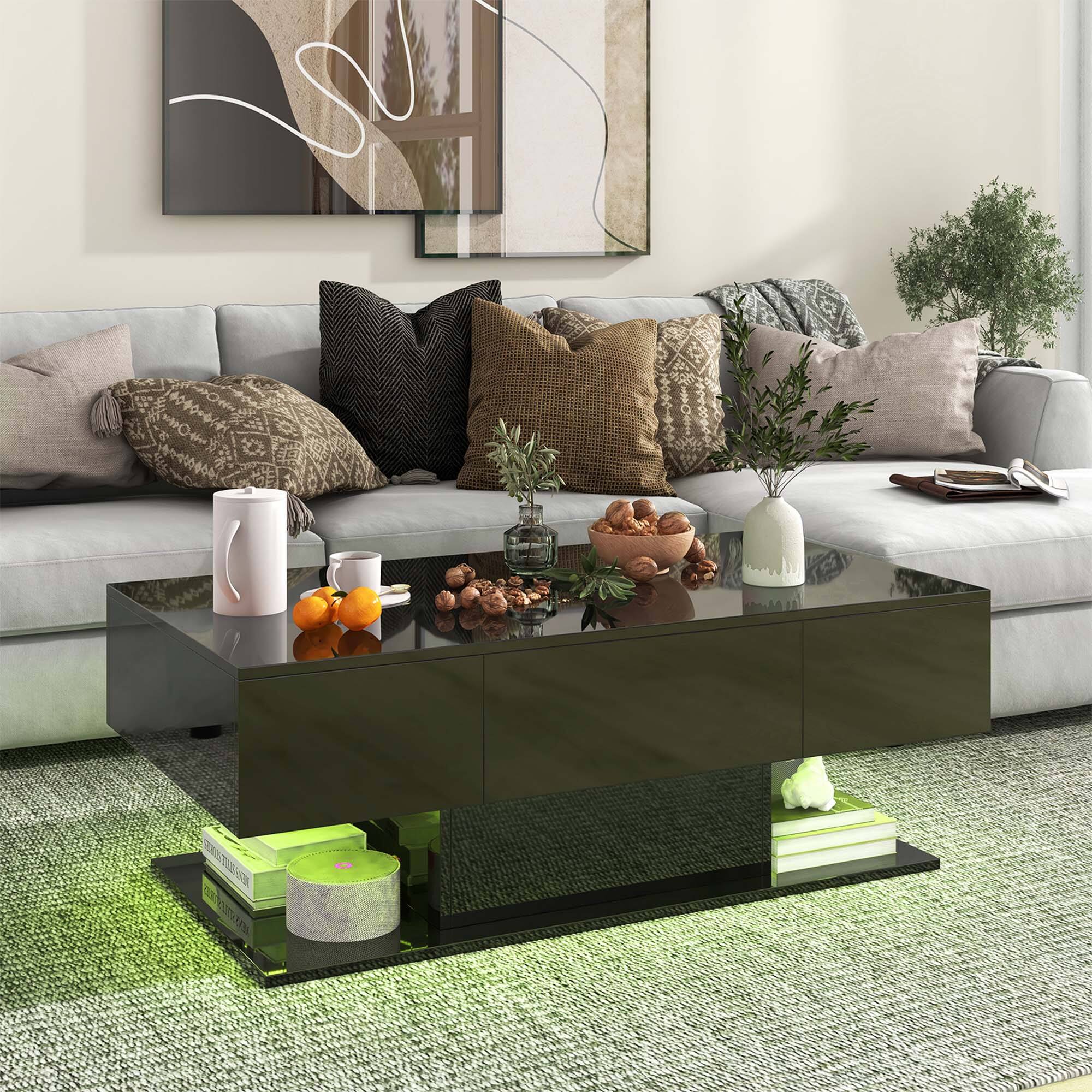 Angle. Costway - LED Coffee Table with 2 Drawers 20-Color Dimmable LED Lights & Remote Control Black - Black.