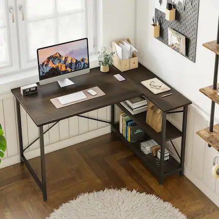 Front. Bestier - L-Shaped Computer Desk with Storage Shelves - Brown.