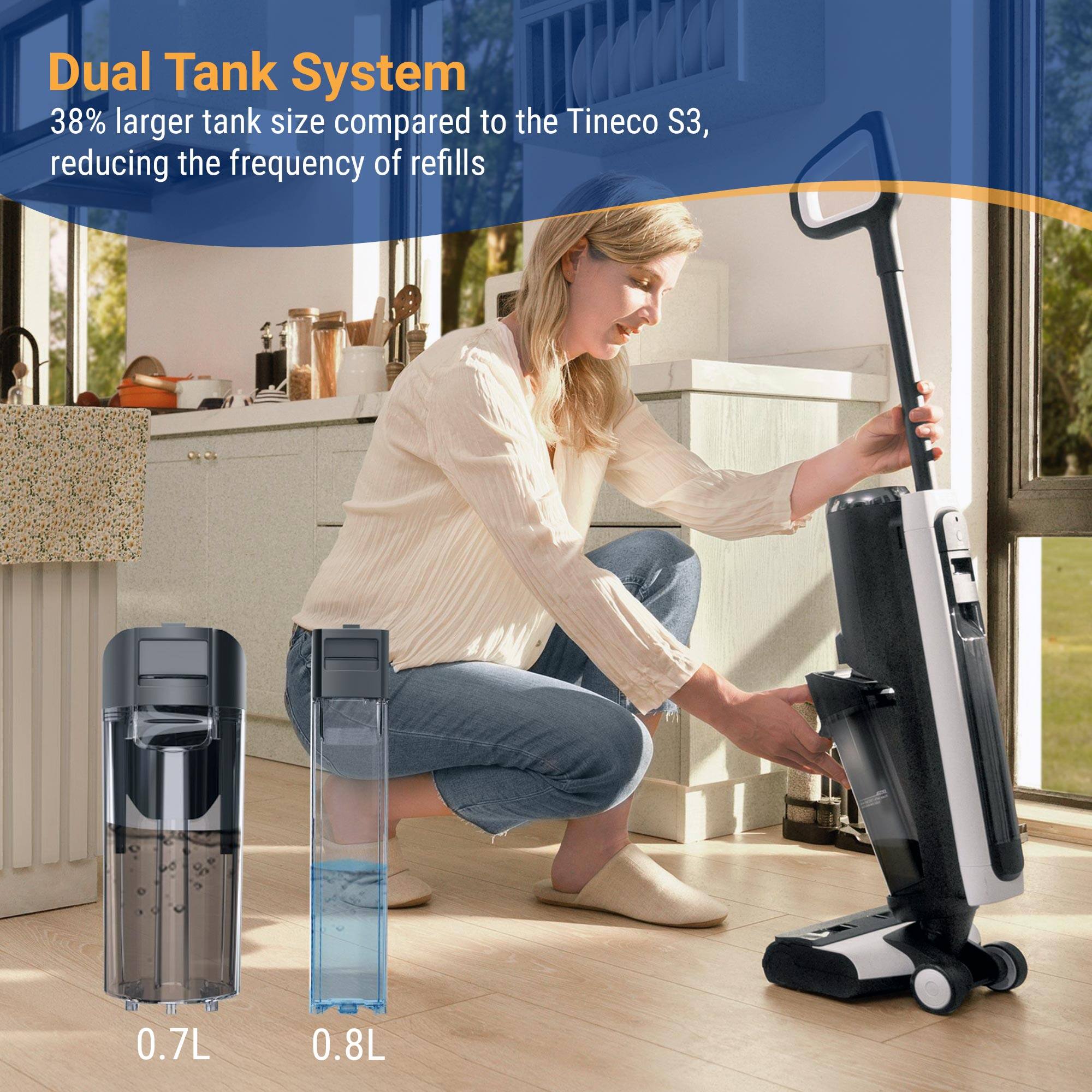 Dual Tank System  
38% larger tank size compared to the Tineco S3, reducing the frequency of refills  
0.7L 0.8L