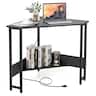 Costway - Triangle Computer Desk Corner Desk Home Office w/Power Outlets USB Ports - Black