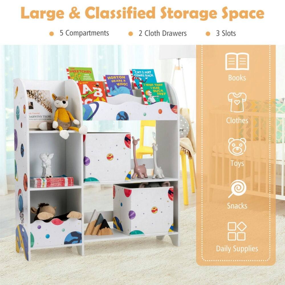 Large & Classified Storage Space  
- 5 Compartments  
- 2 Cloth Drawers  
- 3 Slots  

Books  
Clothes  
Toys  
Snacks  
Daily Supplies  

SNEETCHES  
CAT IN THE HAT COMES BACK  
HORTON HEARS A WHO!  
I WISH THAT I HAD A DUCK FEET  
JARWIN'S TEORI