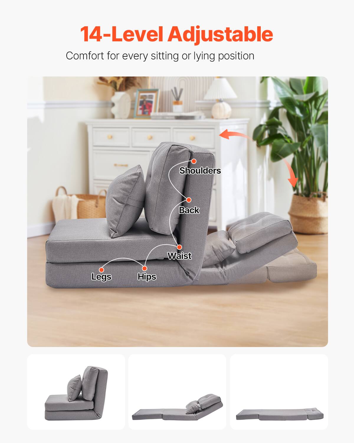 14-Level Adjustable  
Comfort for every sitting or lying position  

Shoulders  
Back  
Waist  
Hips  
Legs