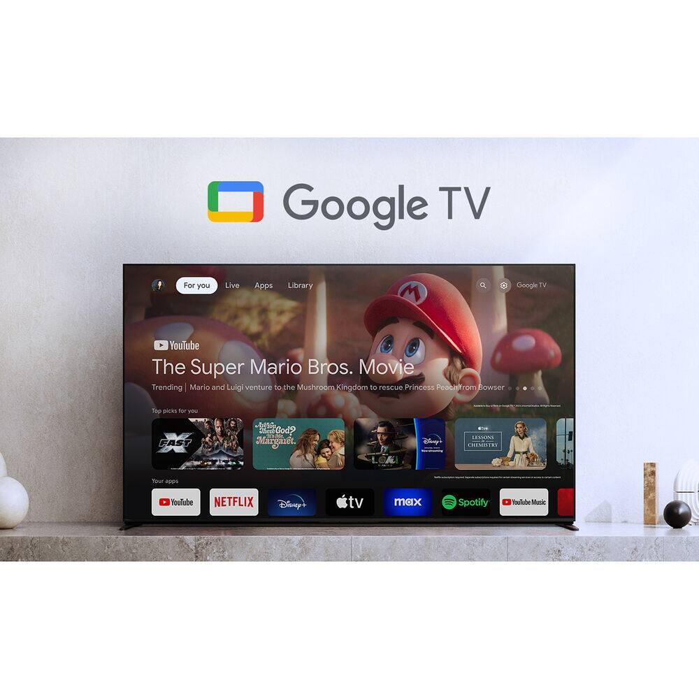 Google TV

For you Live Apps Library

The Super Mario Bros. Movie
Trending | Mario and Luigi venture to the Mushroom Kingdom to rescue Princess Peach from Bowser

Top picks for you
FAST X
Margaret God? Margaret

Your apps
YouTube
NETFLIX
Disney+
Apple TV
mex
Spotify
YouTube Music