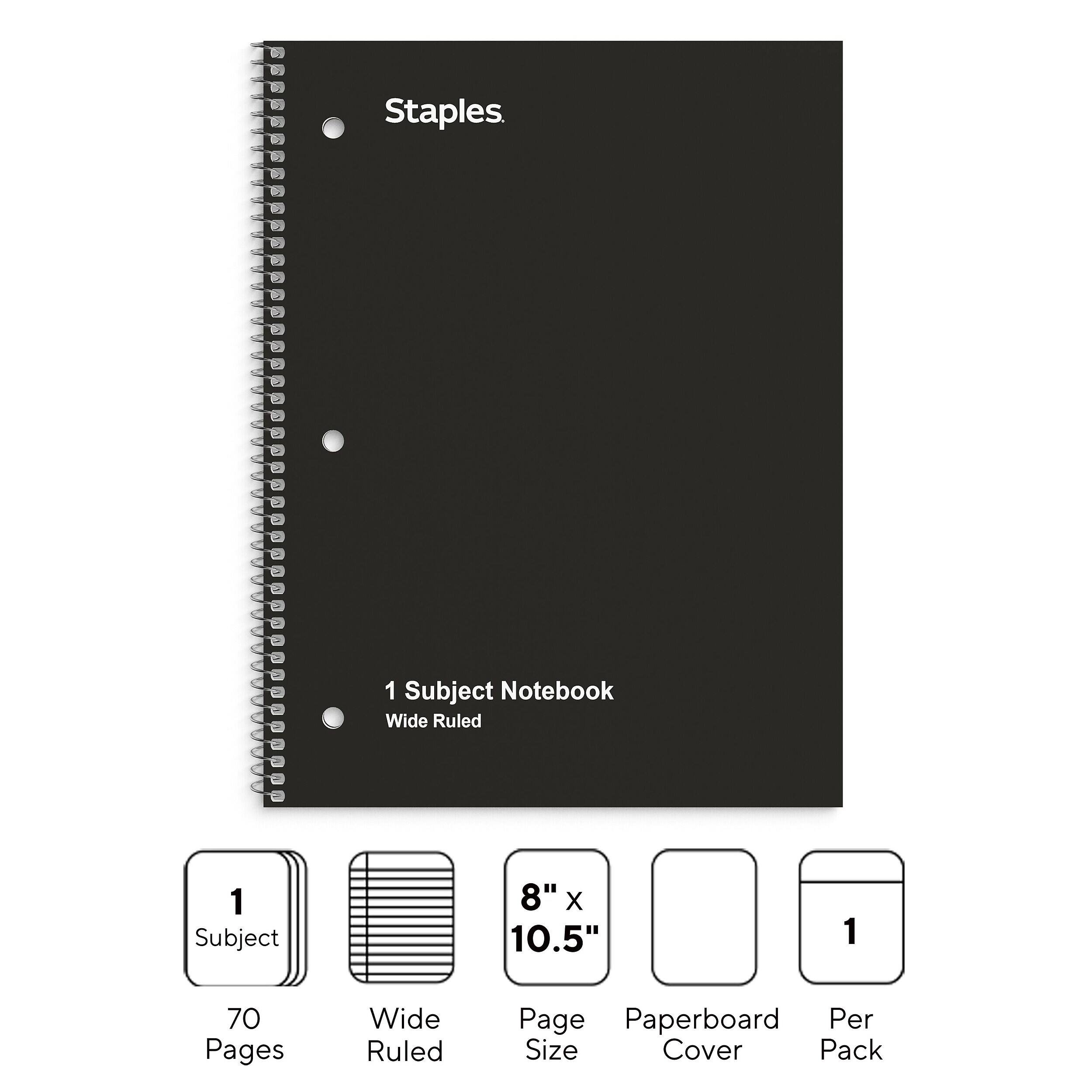 Staples 1‑Subject Notebook, 8” x 10.5”, Wide Ruled, 70 Sheets Black ...