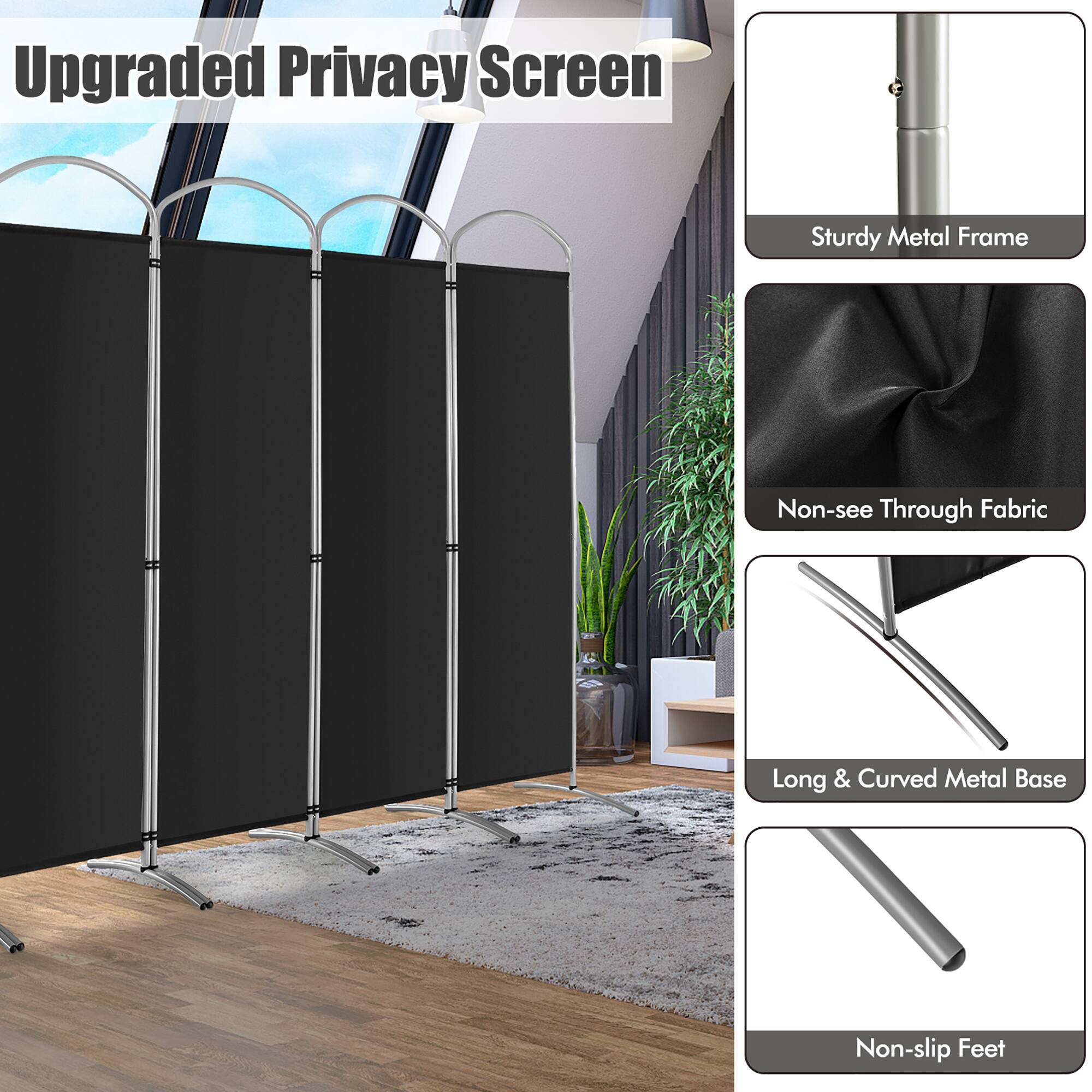 Upgraded Privacy Screen
Sturdy Metal Frame
Non-see Through Fabric
Long & Curved Metal Base
Non-slip Feet