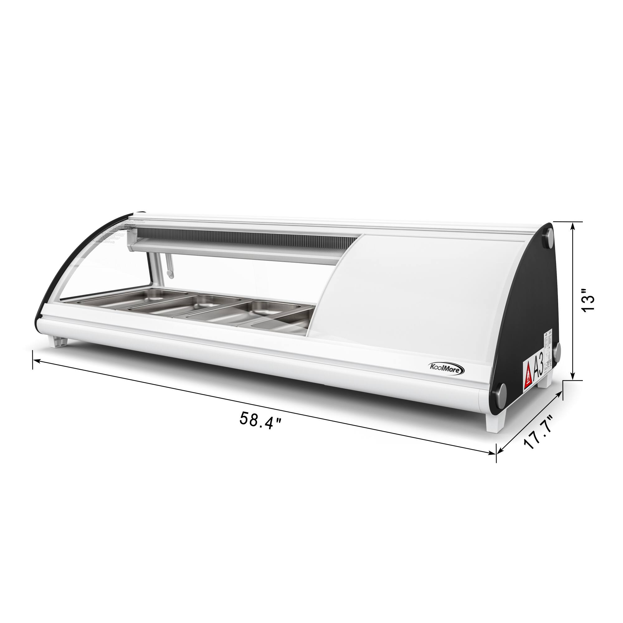 The image features a KoolMore branded appliance, which is a 58.4" long and 17.7" wide cooler. The appliance is designed to keep food fresh and cool, making it an ideal choice for outdoor events or gatherings. The cooler is white and black in color, and it has a clear cover that allows users to see the contents inside. The appliance is made of durable materials and is built to withstand various conditions, ensuring that it can be used in a variety of settings.