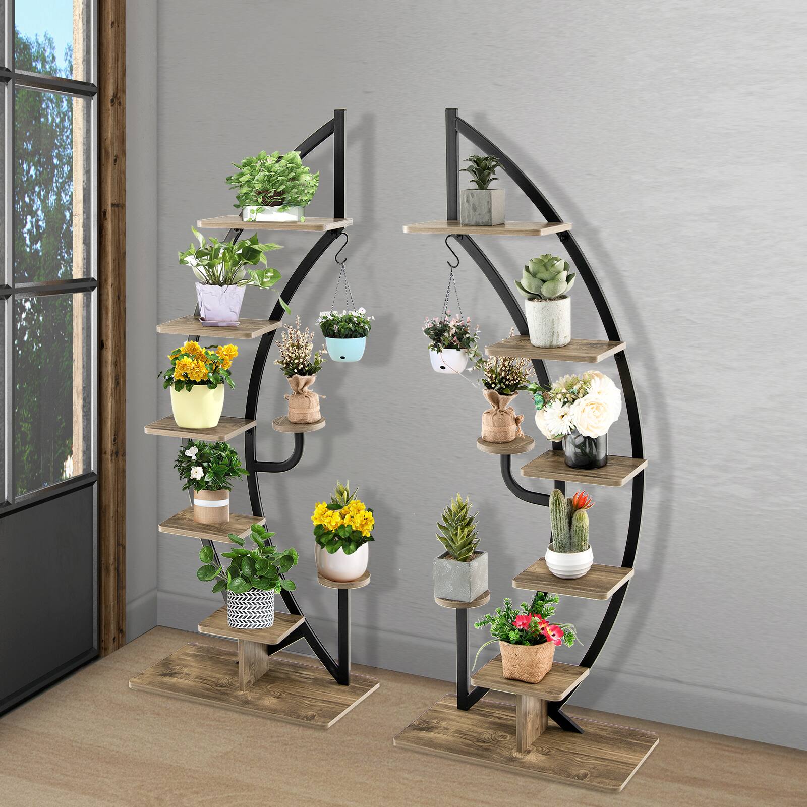 Alt View 1. Costway - Costway 2PC 6 Tier Metal Plant Stand Rack Half Moon Shape Ladder Planter Organizer w/Hook - Black,Natural.