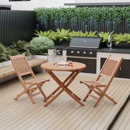Front. Mondawe - Outdoor Bistro Set with Slatted Seat and Tabletop for Backyard - Natural.