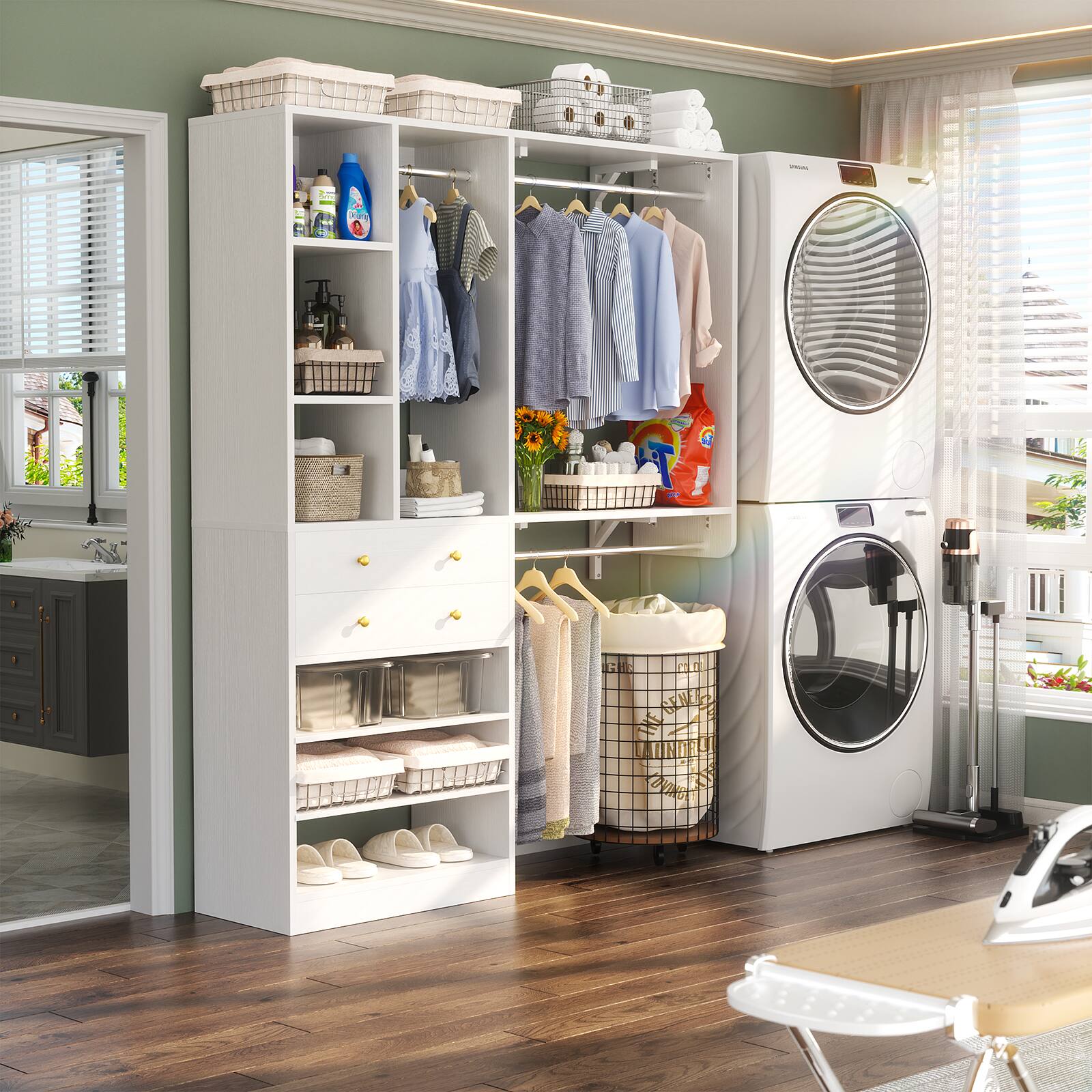 Back. Aheaplus - Heavy Duty Closet Organizer with Drawers and Hanging Rods, Wardrobe System with Adjustable Shoe Racks, Wall Mounted - White.
