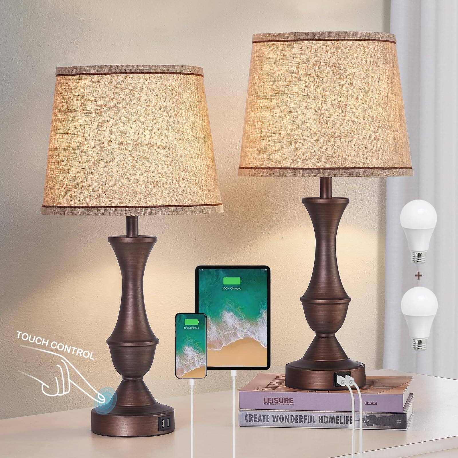 Reds Spade - Upgraded Touch Table Lamps Set Tall Bedside Lamps USB Ports Way Dimmable Nightstand Lamps Bedroom Living - Brown