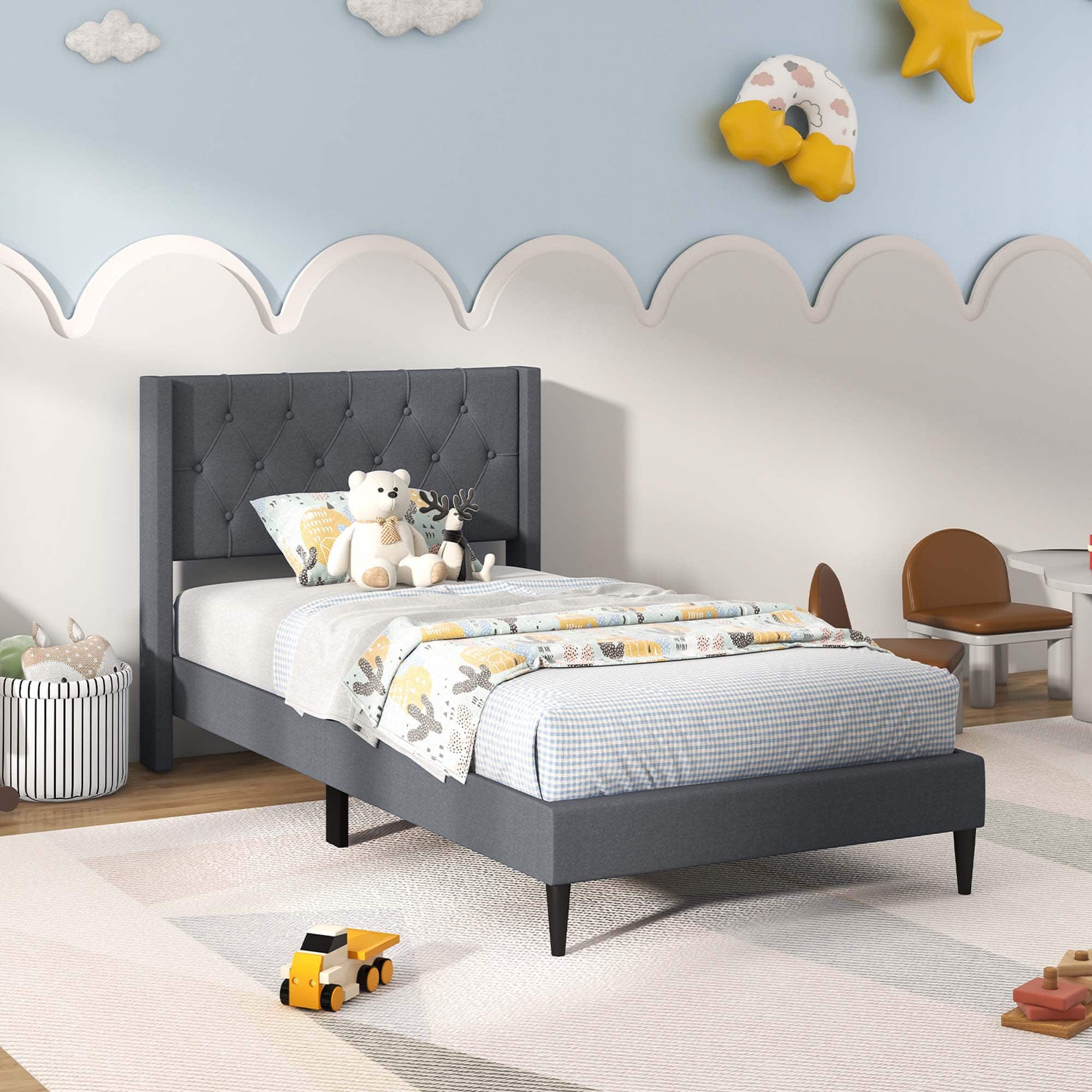 Costway - Twin Size Upholstered Platform Bed with Button Tufted Wingback Headboard - Gray
