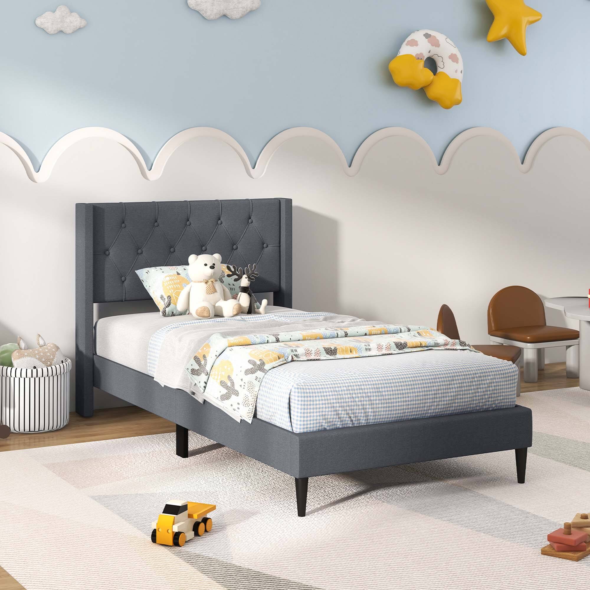 Alt View 1. Costway - Costway Twin Size Upholstered Platform Bed with Button Tufted Wingback Headboard - Grey.